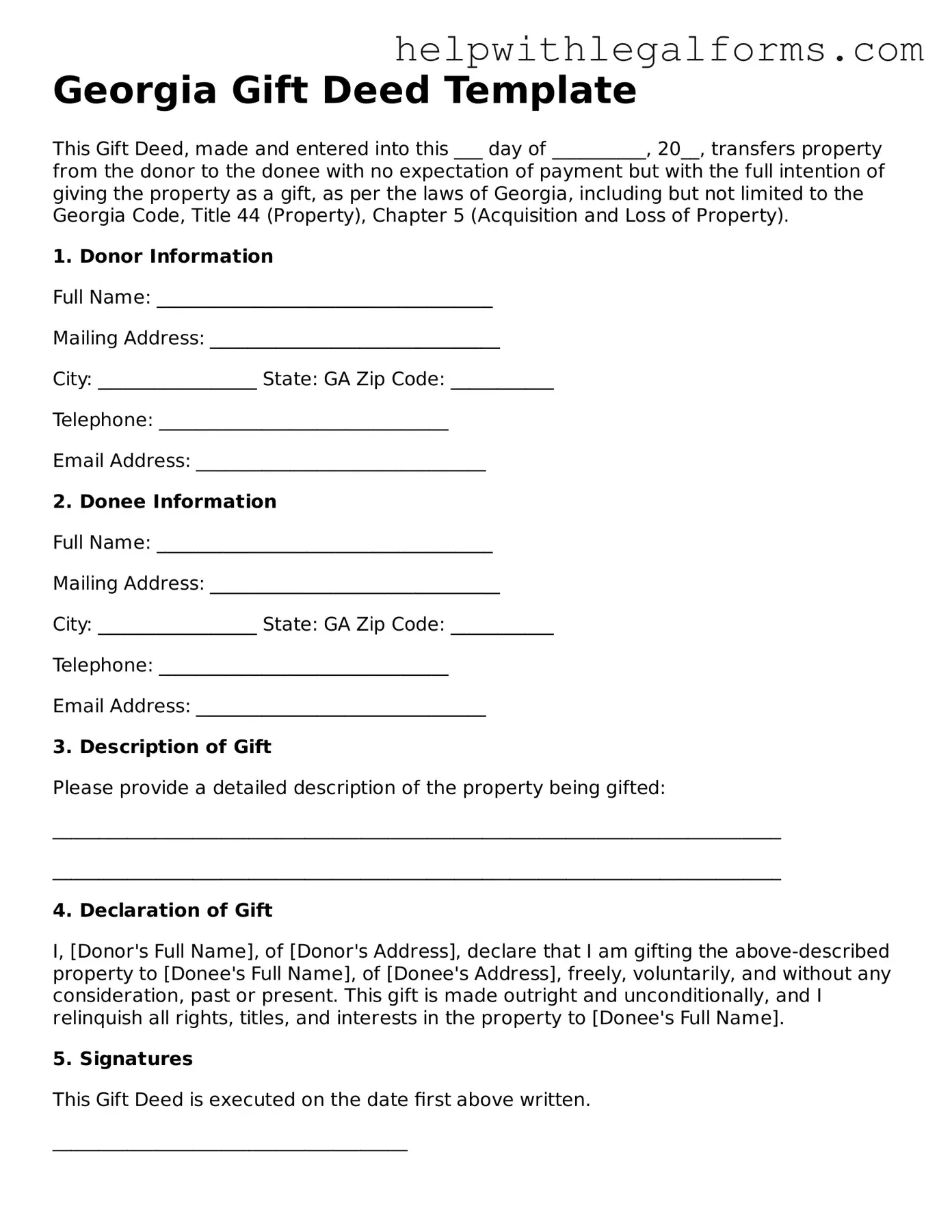 Blank  Gift Deed Form for Georgia