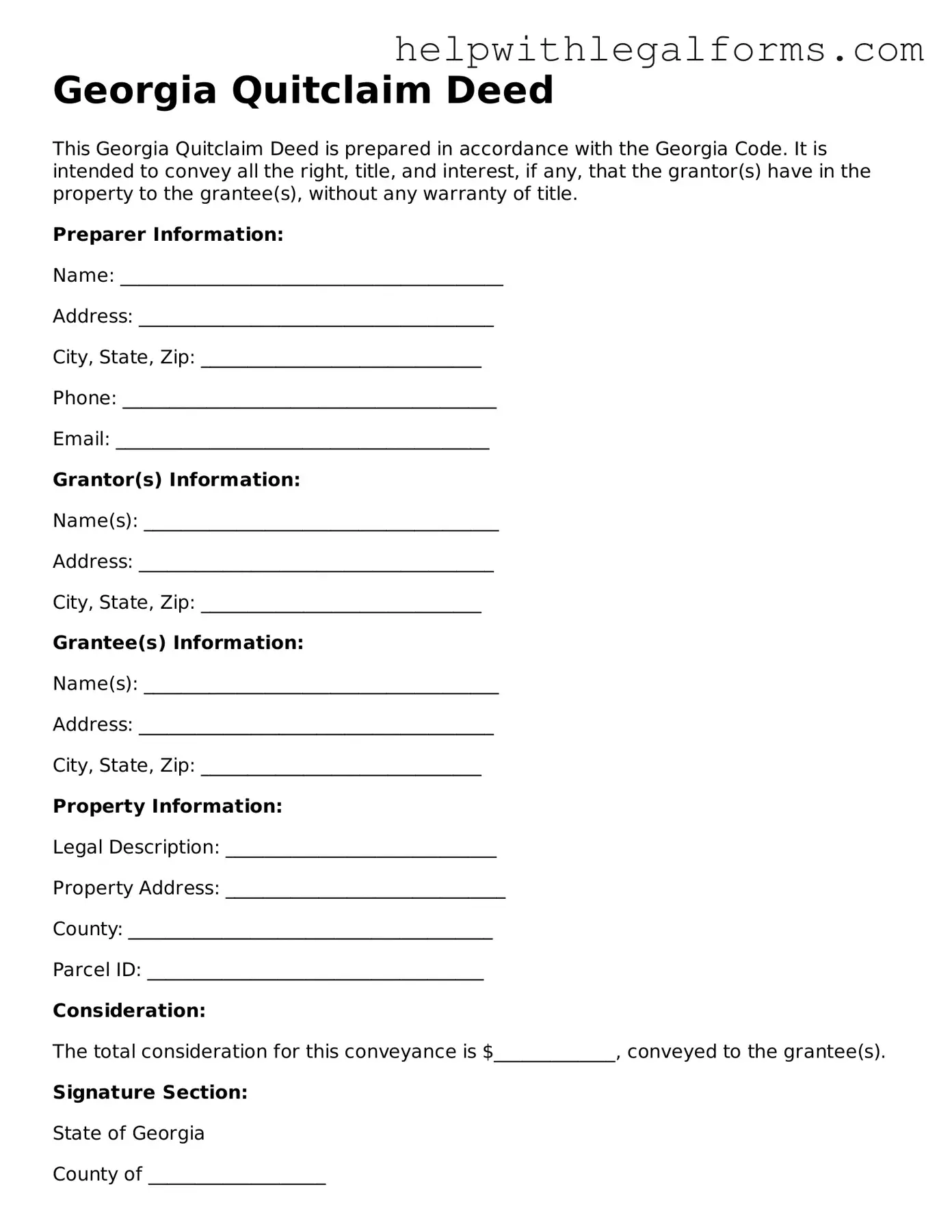 Blank  Quitclaim Deed Form for Georgia