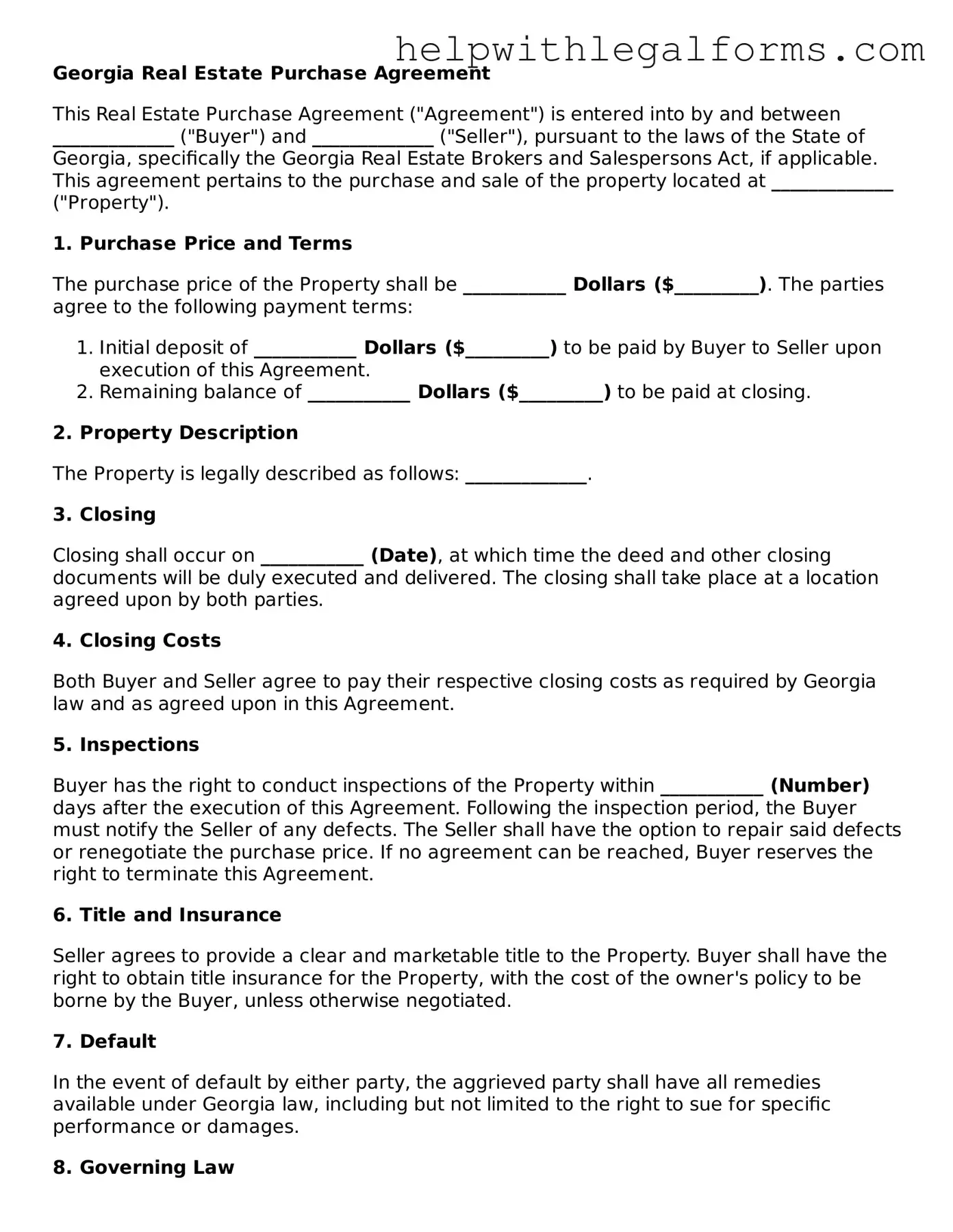 Blank  Real Estate Purchase Agreement Form for Georgia