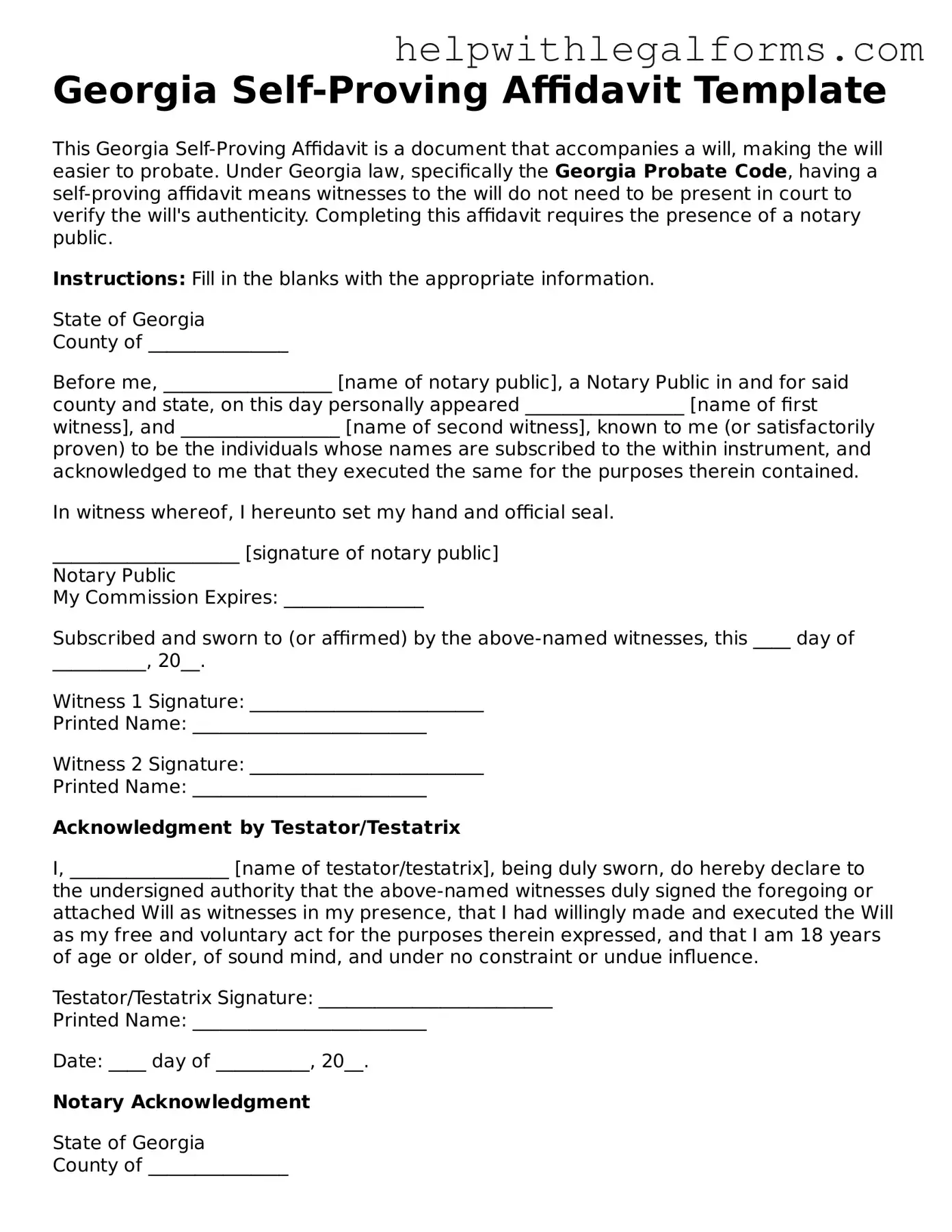 Blank  Self-Proving Affidavit Form for Georgia