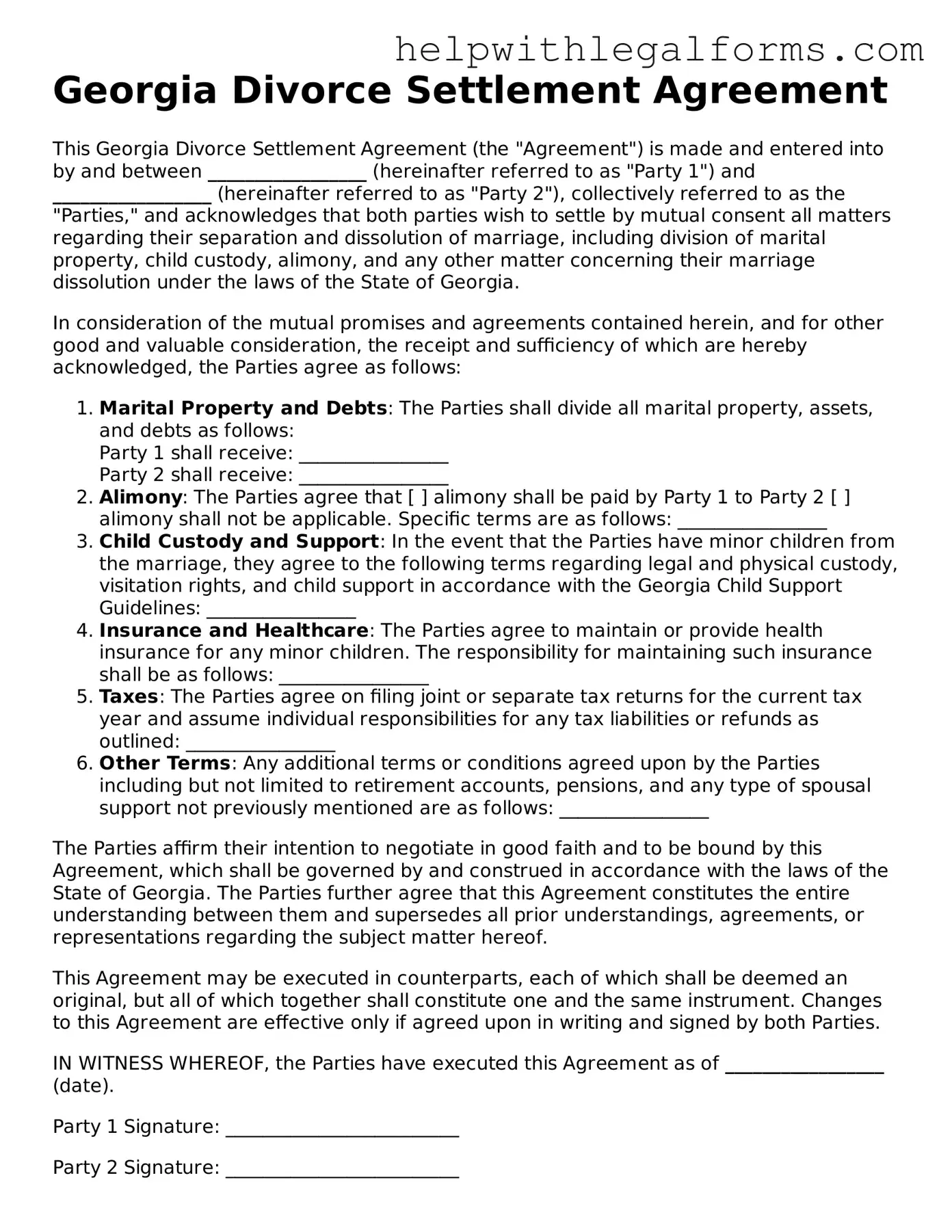 Blank  Divorce Settlement Agreement Form for Georgia