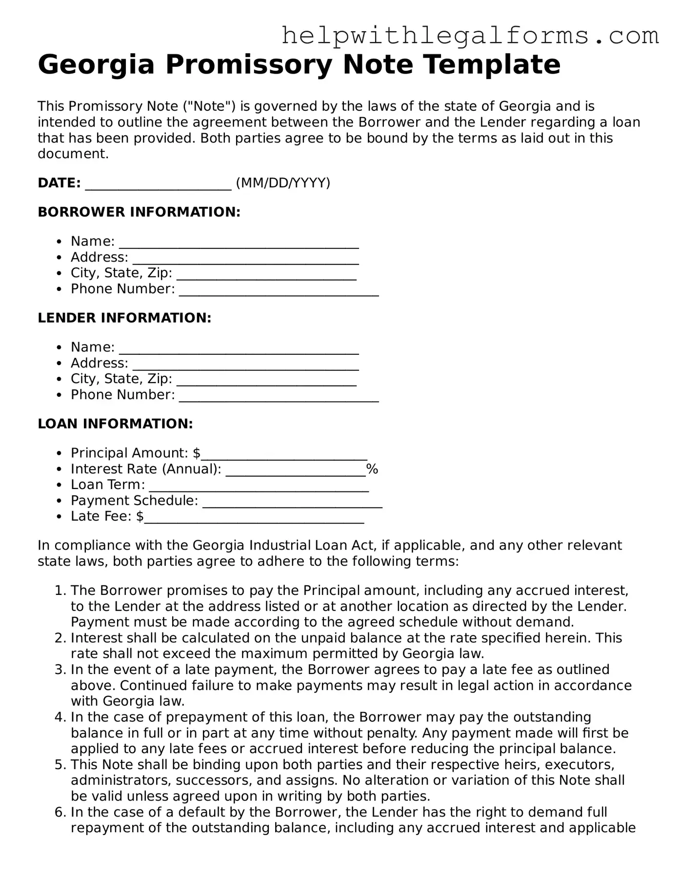 Blank  Promissory Note Form for Georgia