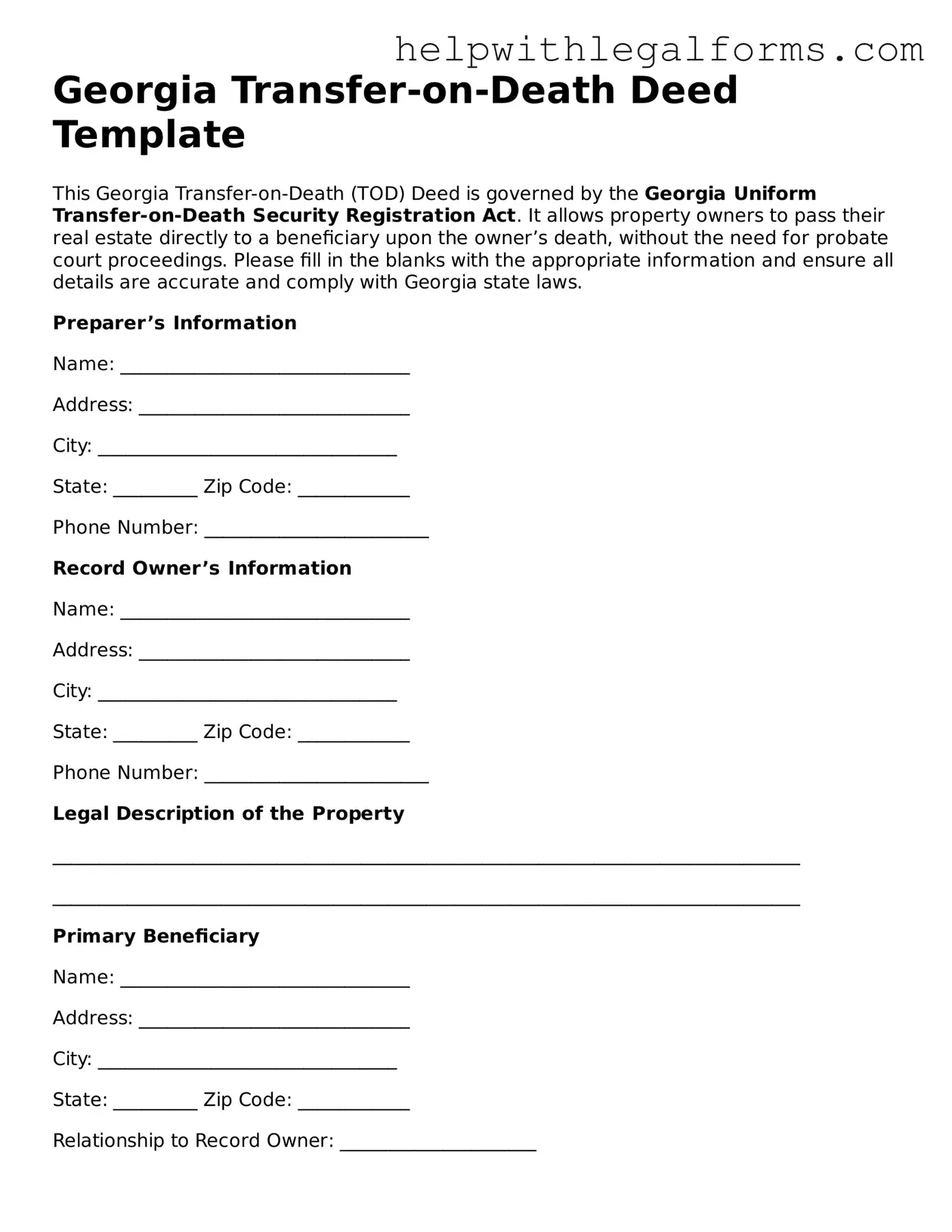 Blank  Transfer-on-Death Deed Form for Georgia