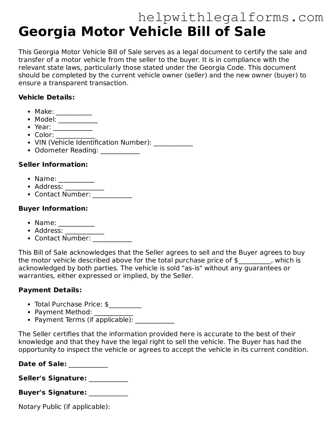 Blank  Motor Vehicle Bill of Sale Form for Georgia