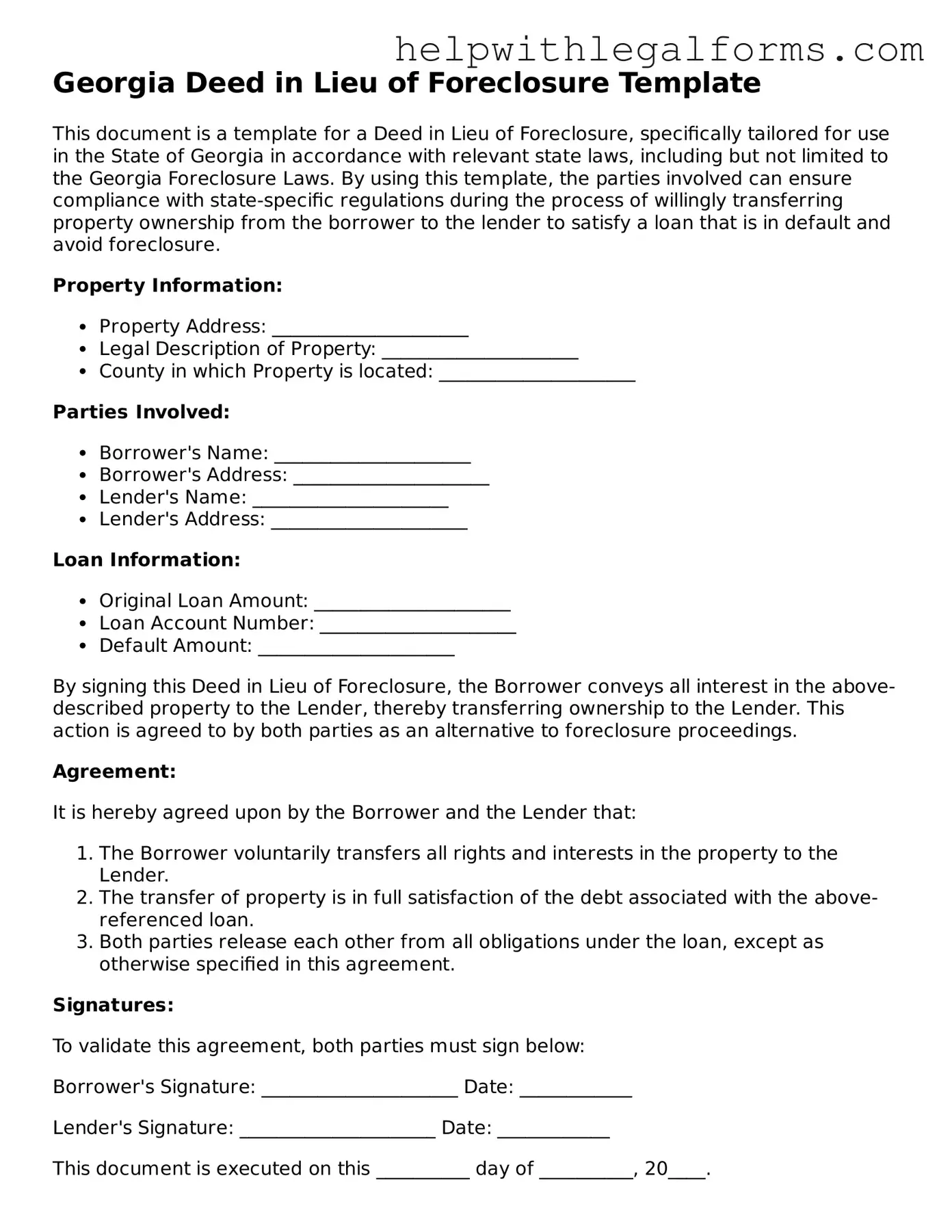 Blank  Deed in Lieu of Foreclosure Form for Georgia