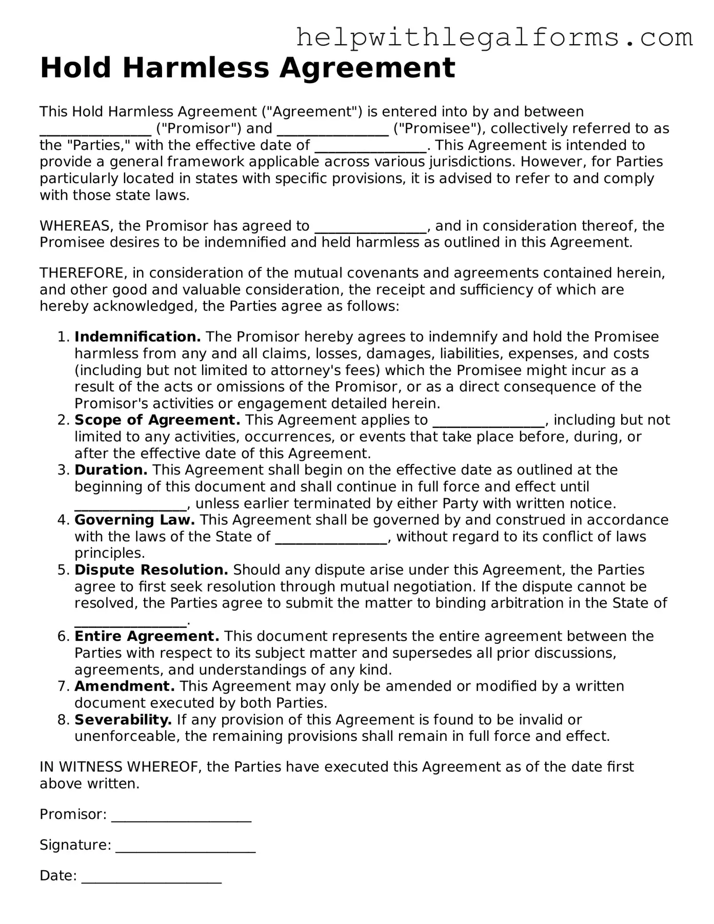 Legal Hold Harmless Agreement Form