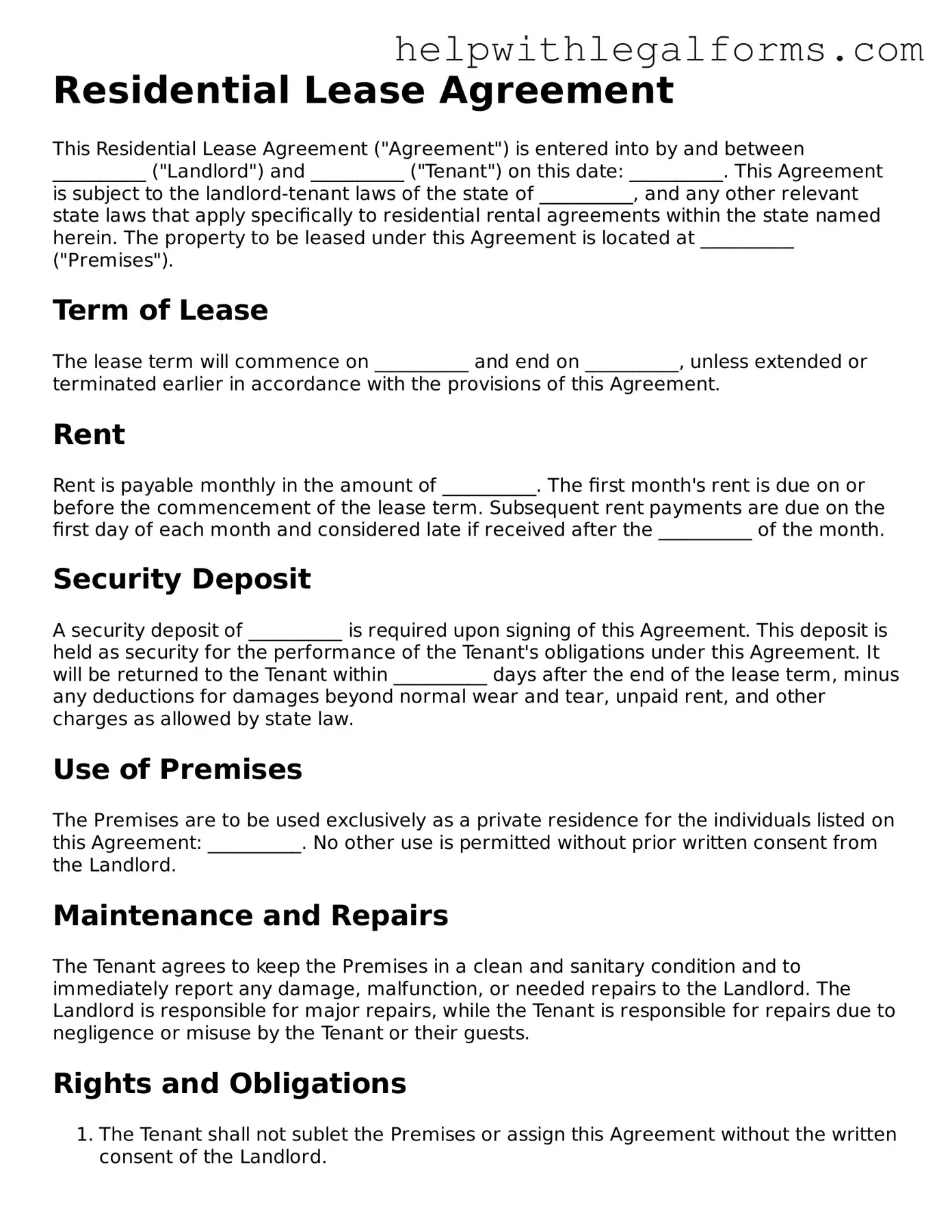 Legal Residential Lease Agreement Form