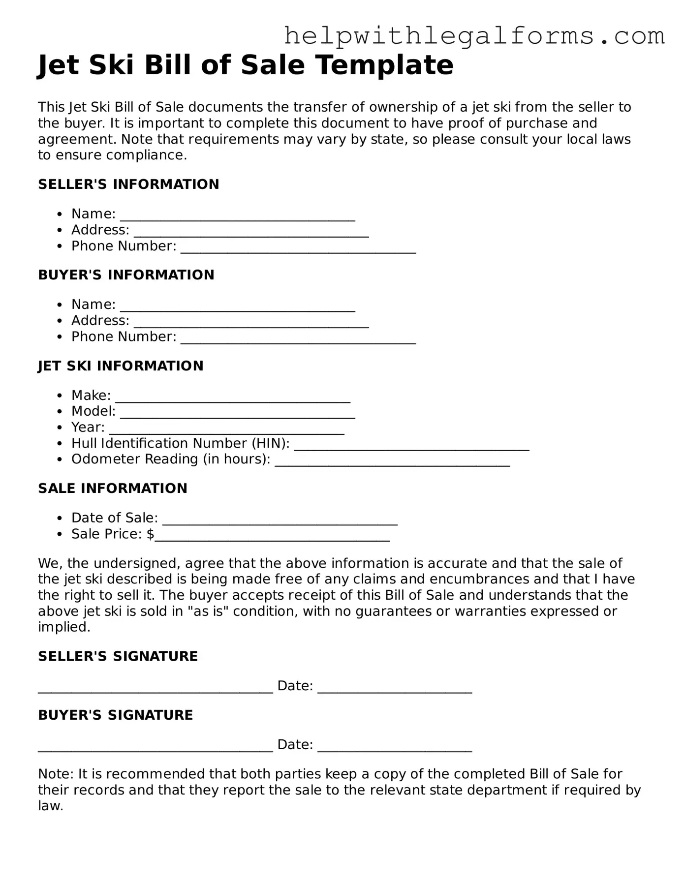Legal Jet Ski Bill of Sale Form