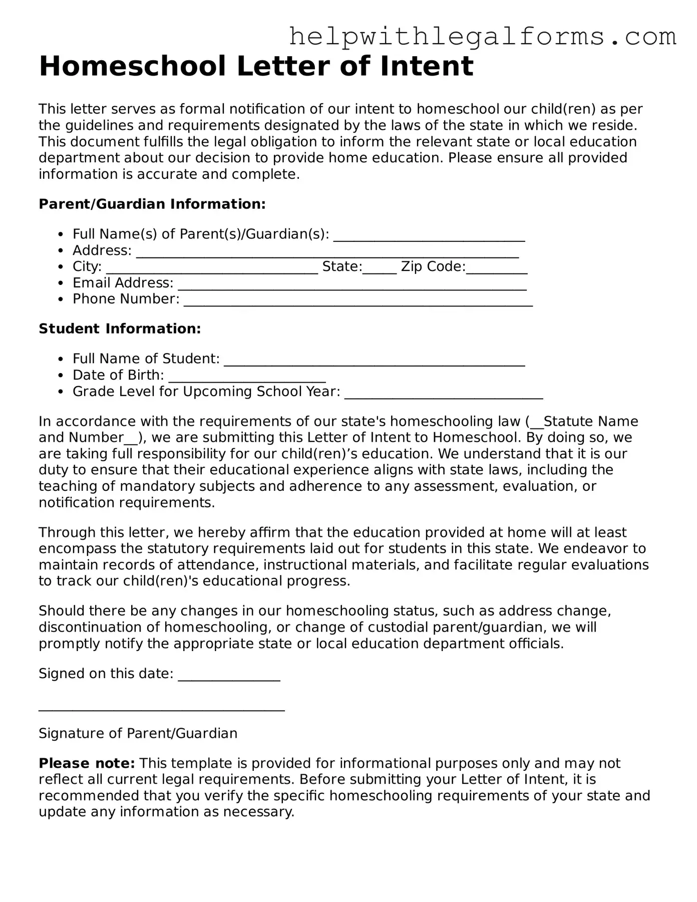Legal Homeschool Letter of Intent Form