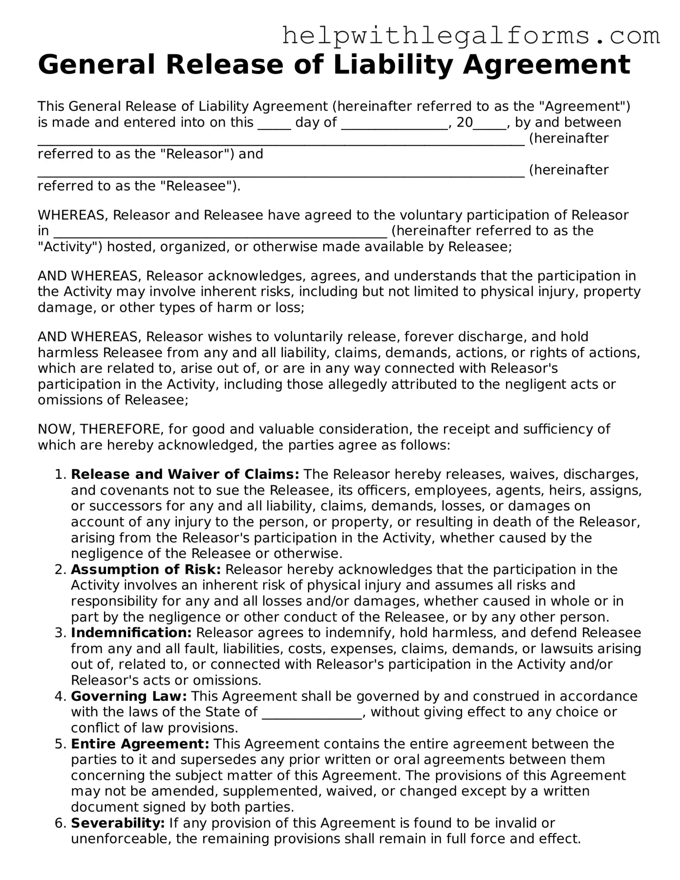 Legal Release of Liability Form
