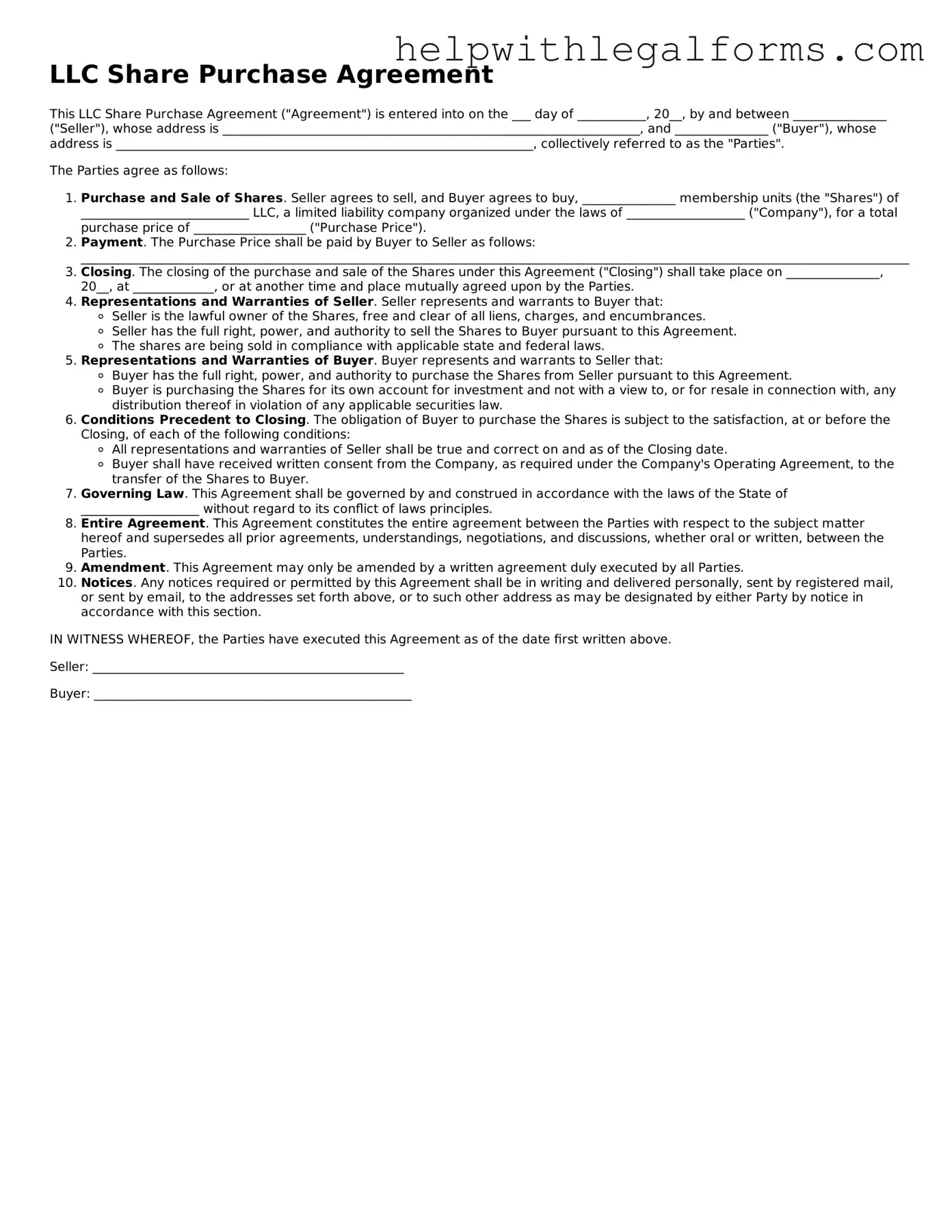 Legal LLC Share Purchase Agreement Form