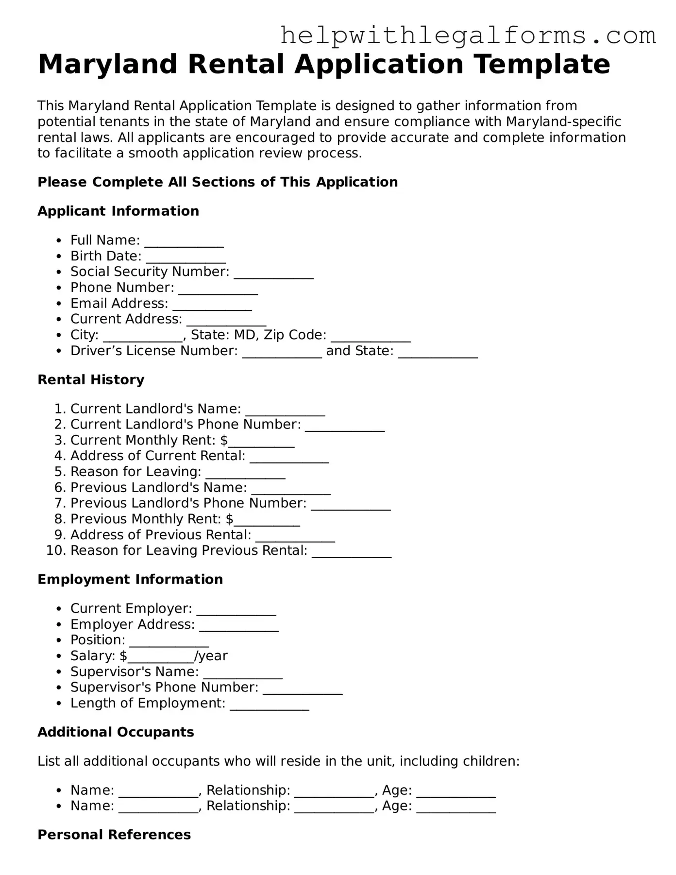 Blank  Rental Application Form for Maryland