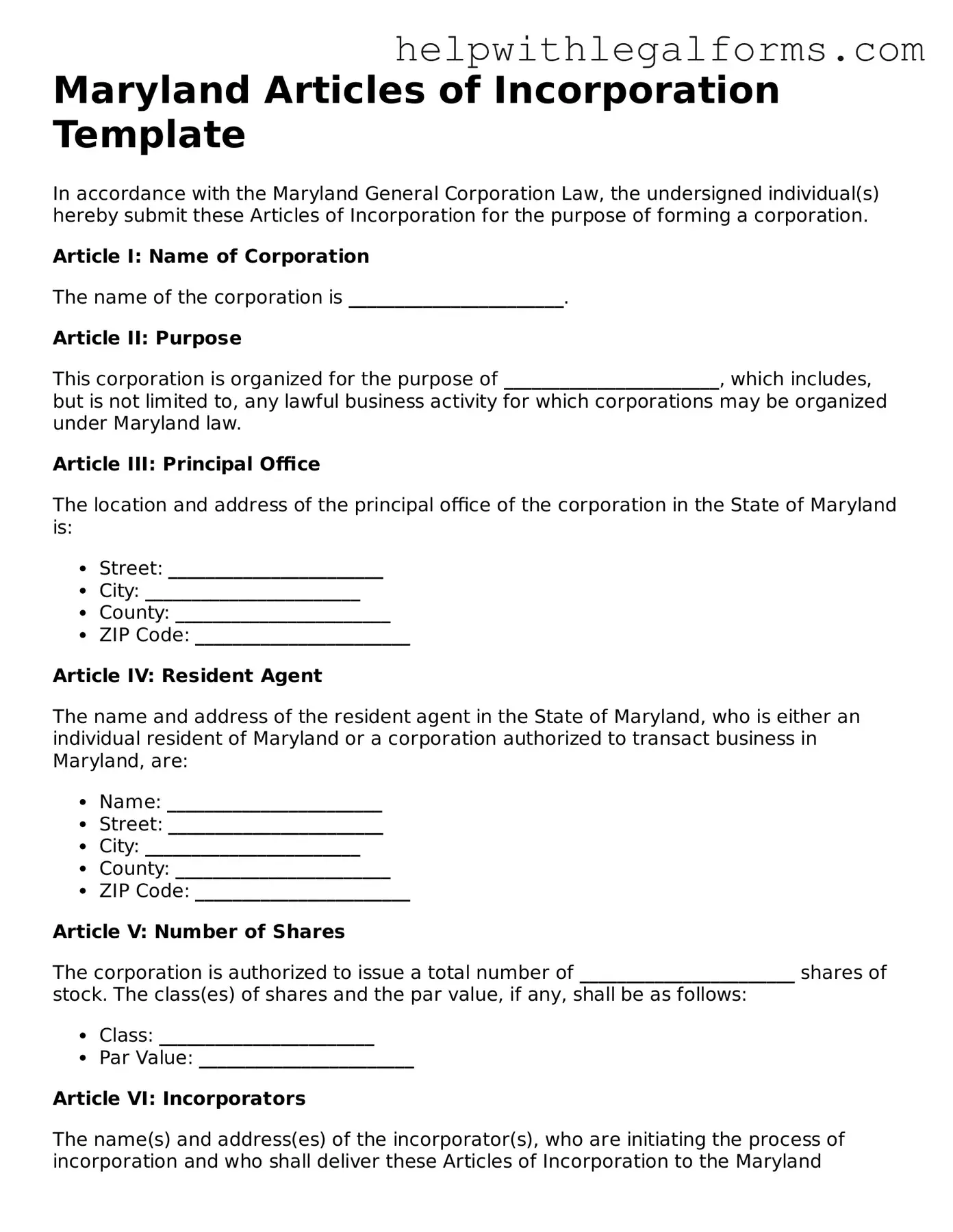 Blank  Articles of Incorporation Form for Maryland