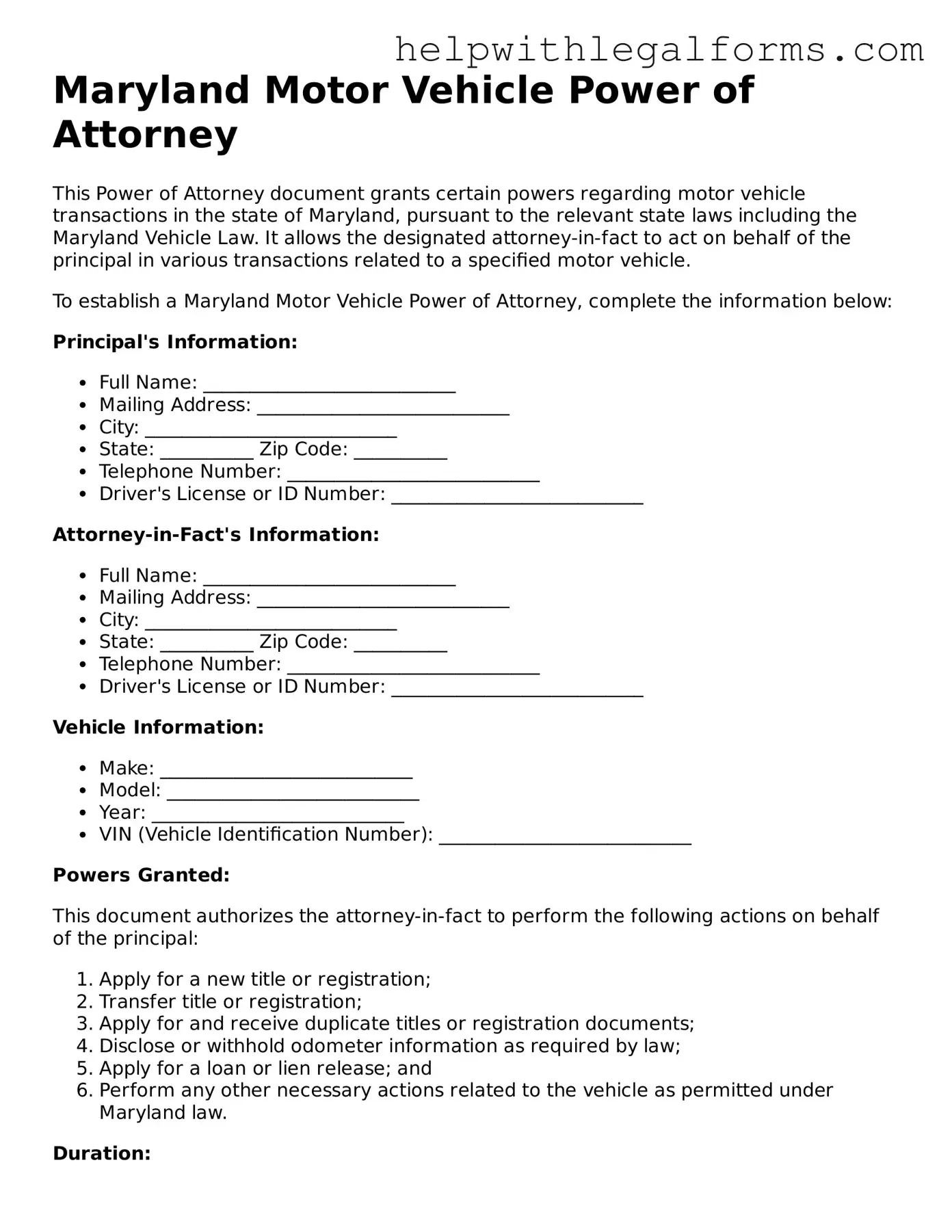 Blank  Motor Vehicle Power of Attorney Form for Maryland