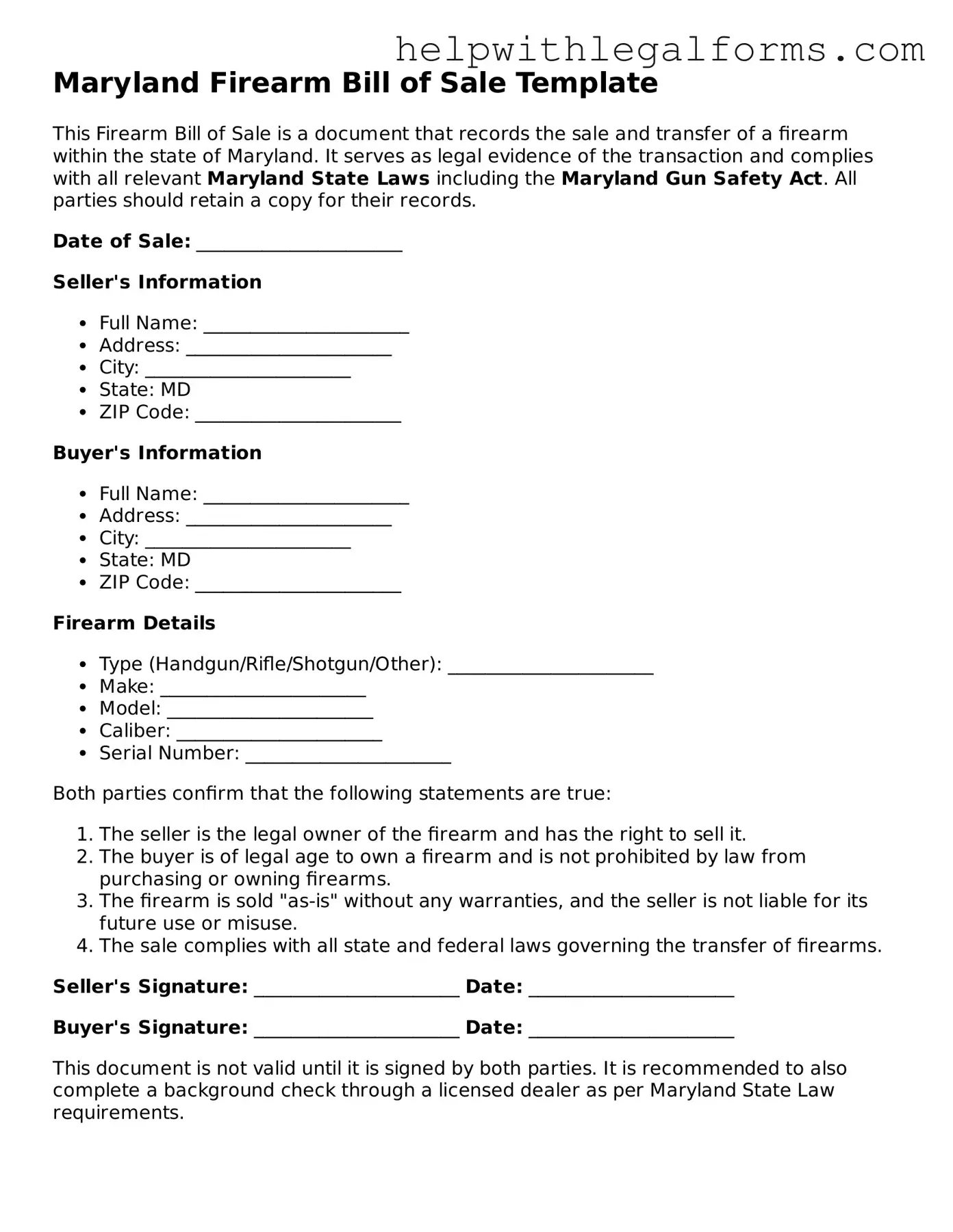 Blank  Firearm Bill of Sale Form for Maryland
