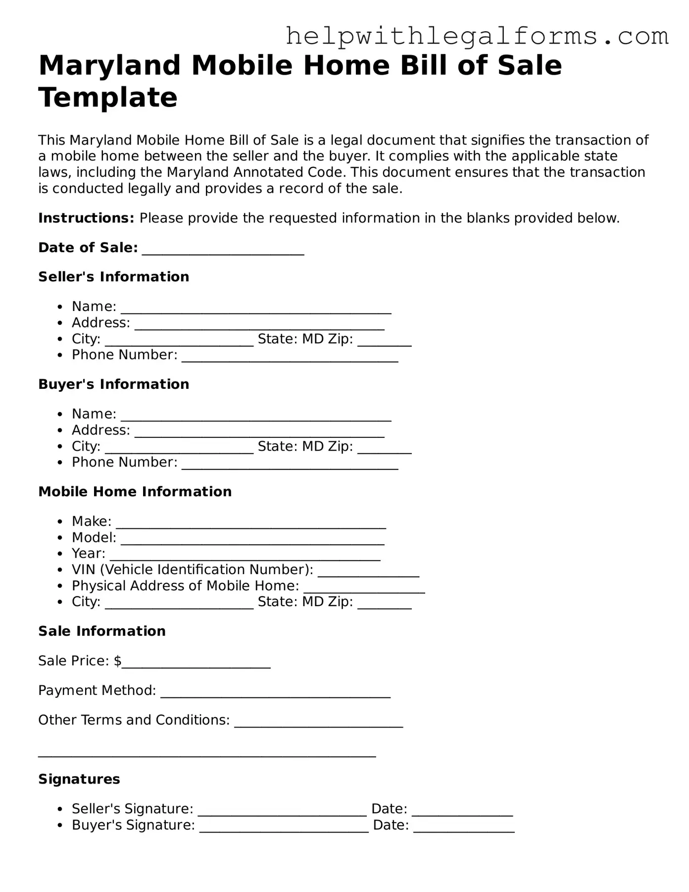 Blank  Mobile Home Bill of Sale Form for Maryland