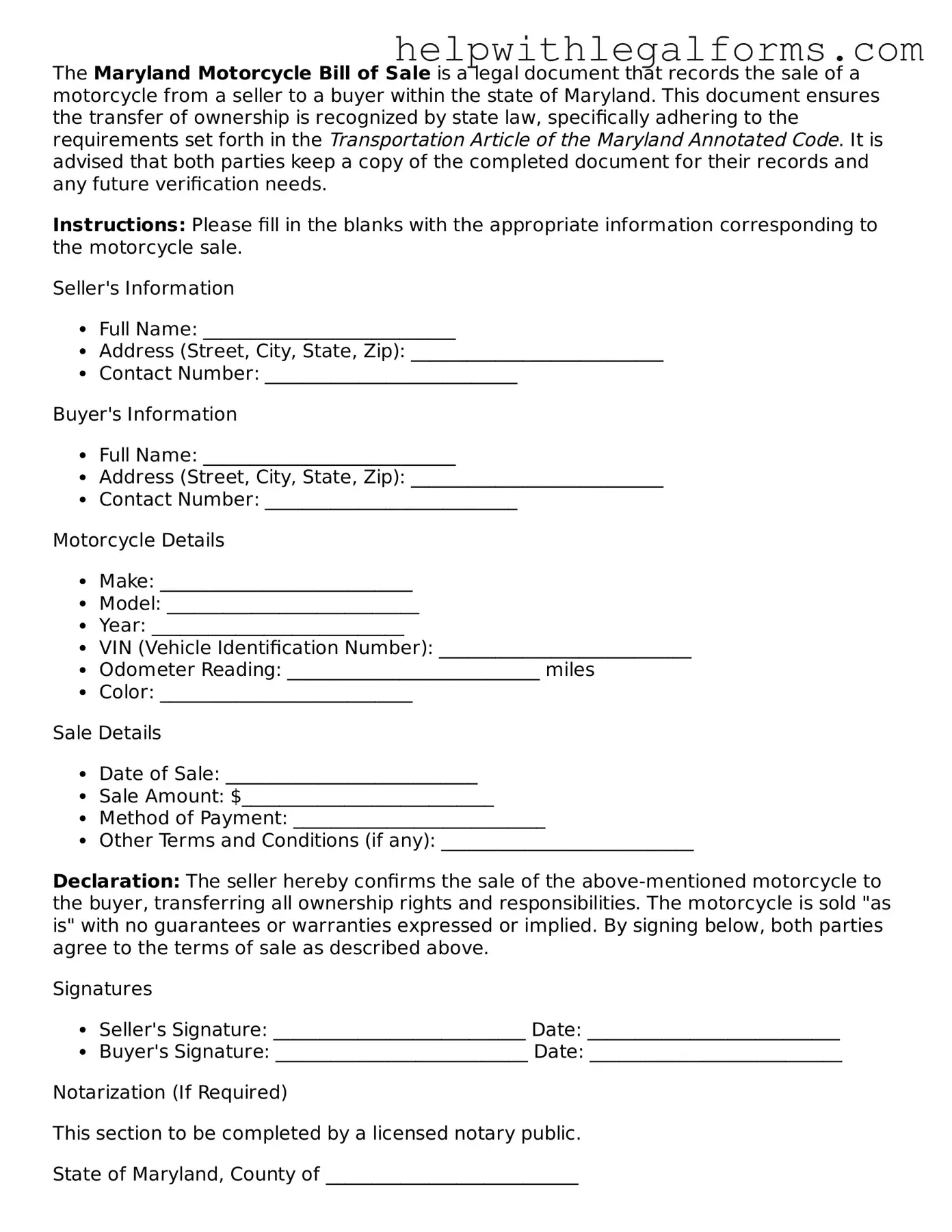 Blank  Motorcycle Bill of Sale Form for Maryland