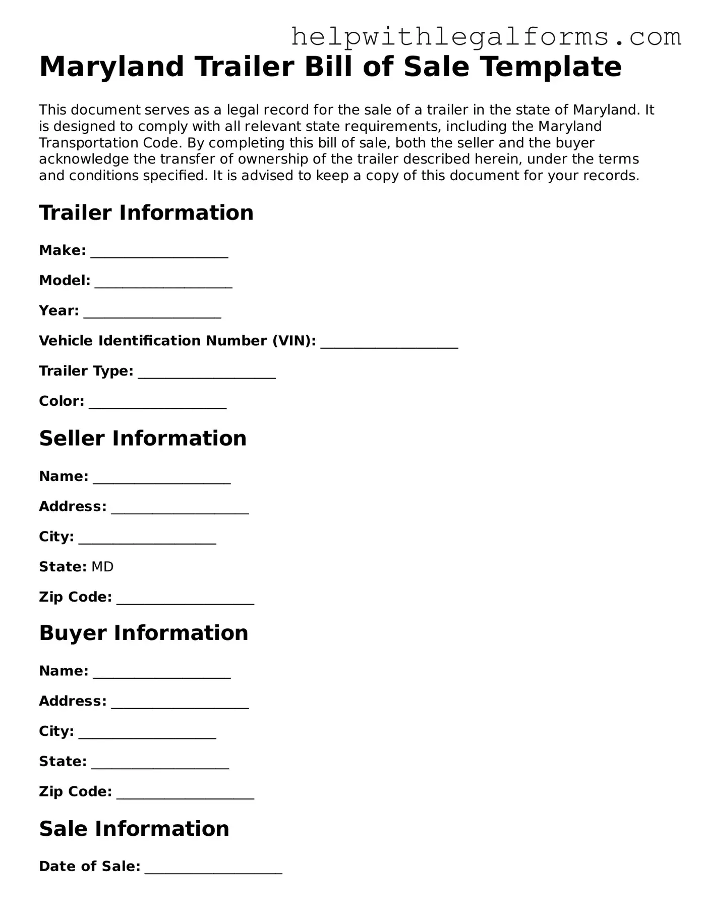 Blank  Trailer Bill of Sale Form for Maryland