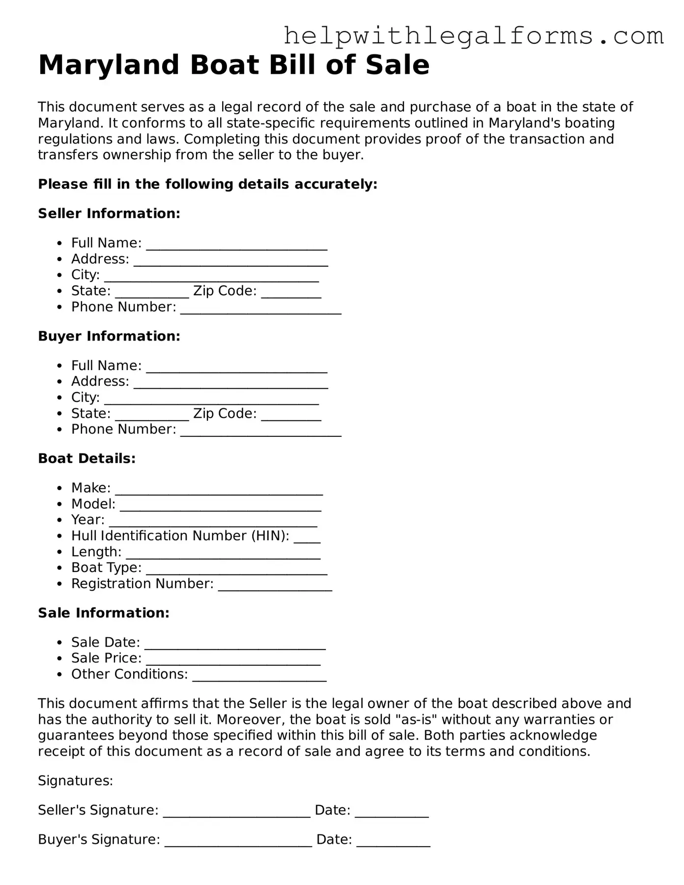 Blank  Boat Bill of Sale Form for Maryland
