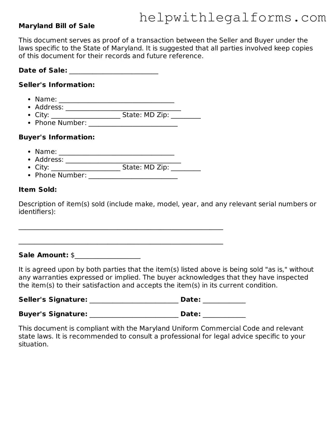 Blank  Bill of Sale Form for Maryland