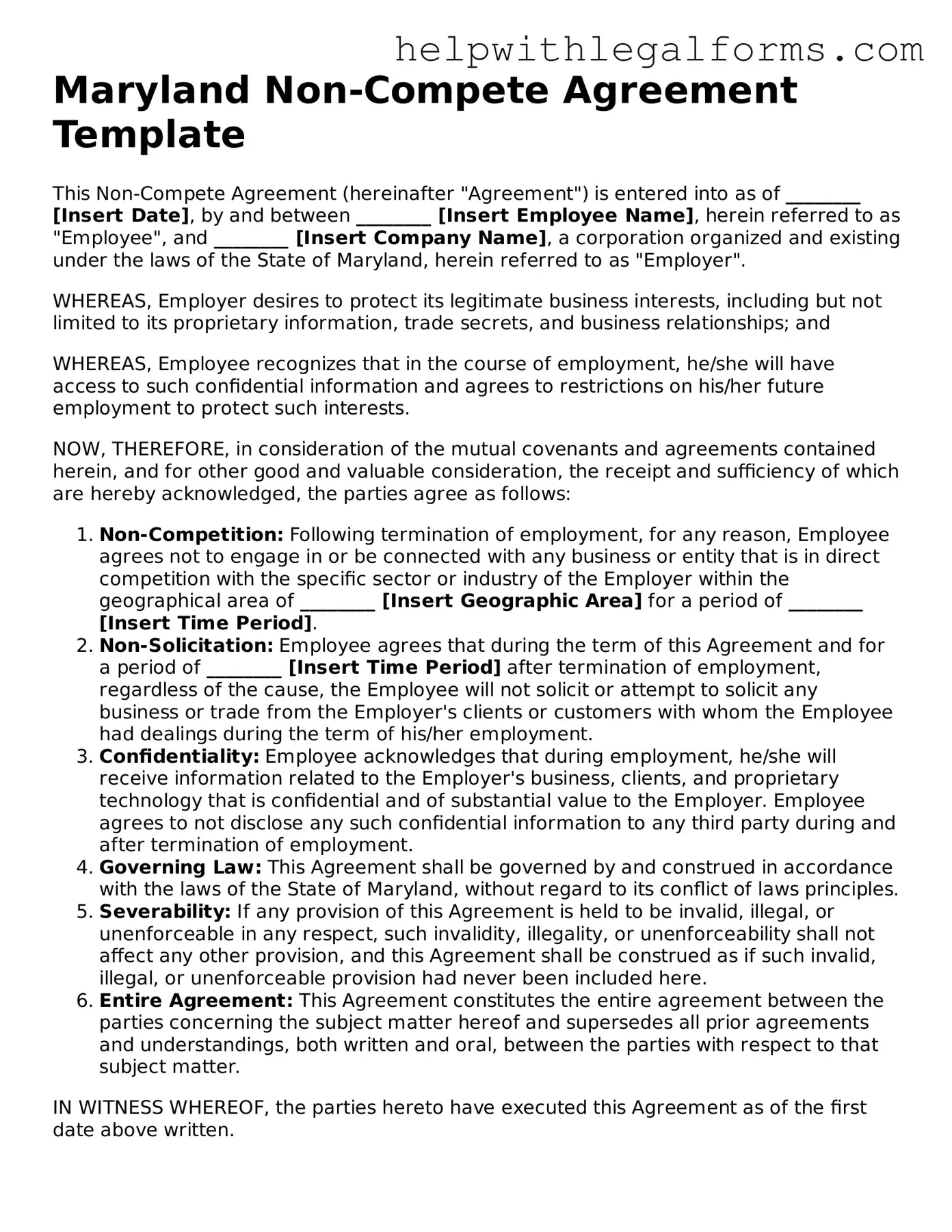 Blank  Non-compete Agreement Form for Maryland