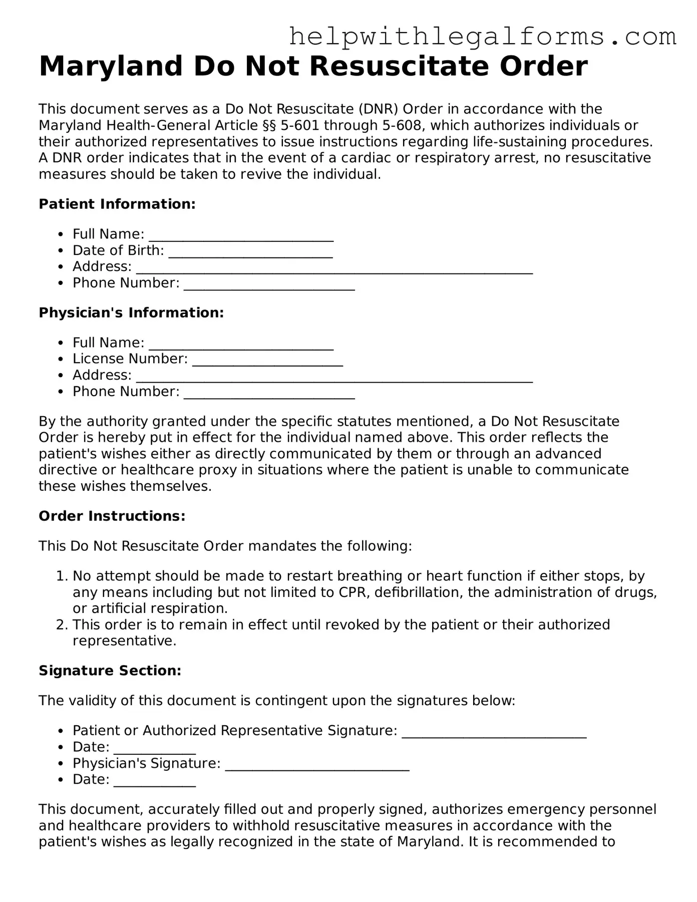 Blank  Do Not Resuscitate Order Form for Maryland