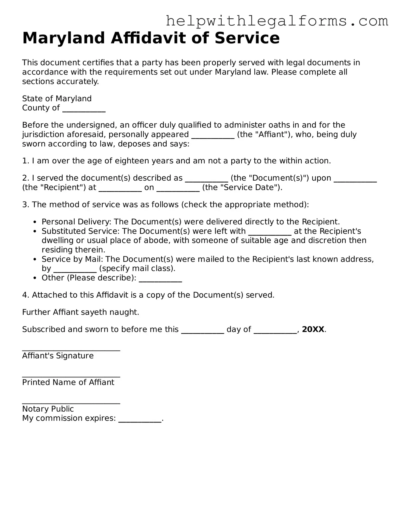 Blank  Affidavit of Service Form for Maryland