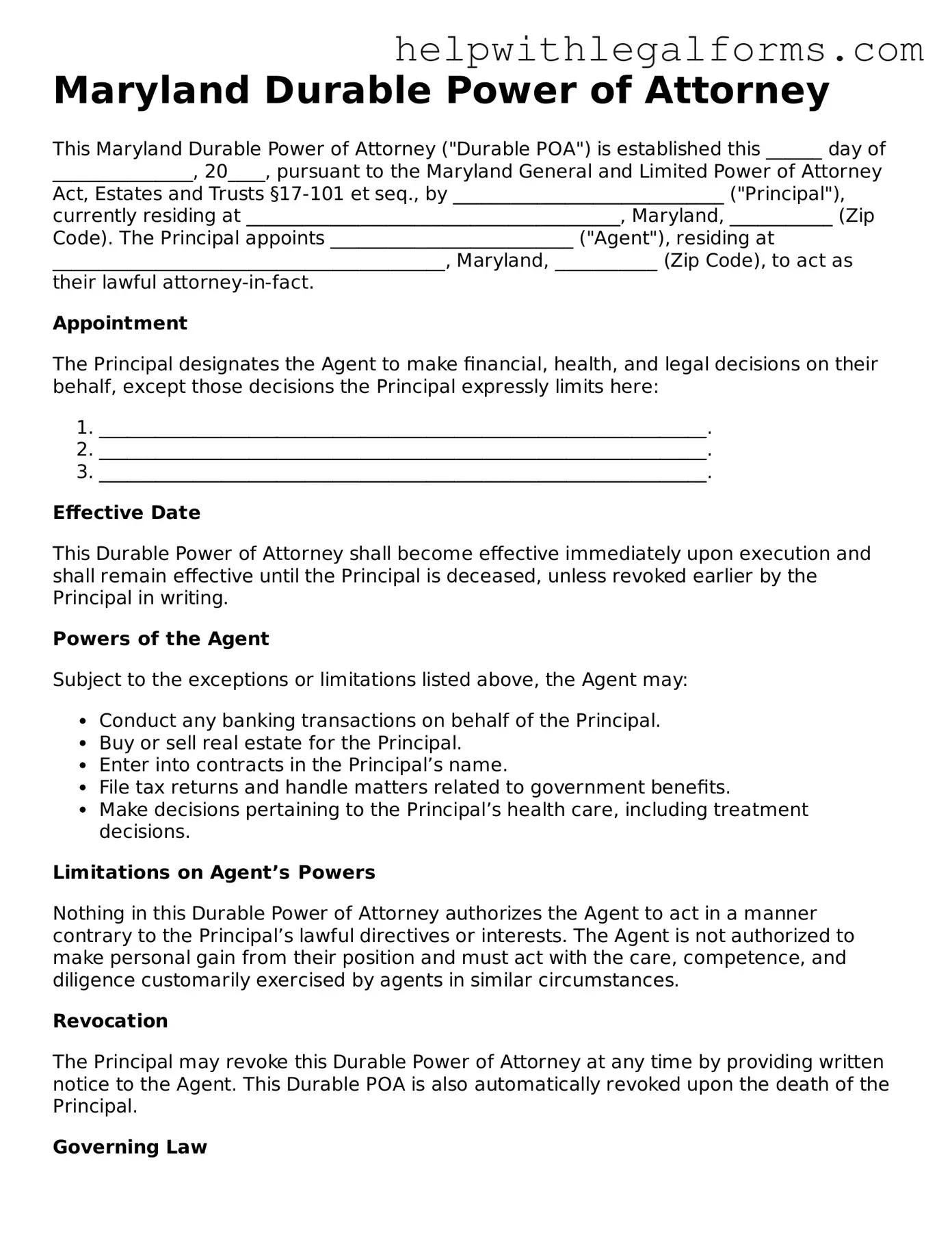 Blank  Durable Power of Attorney Form for Maryland