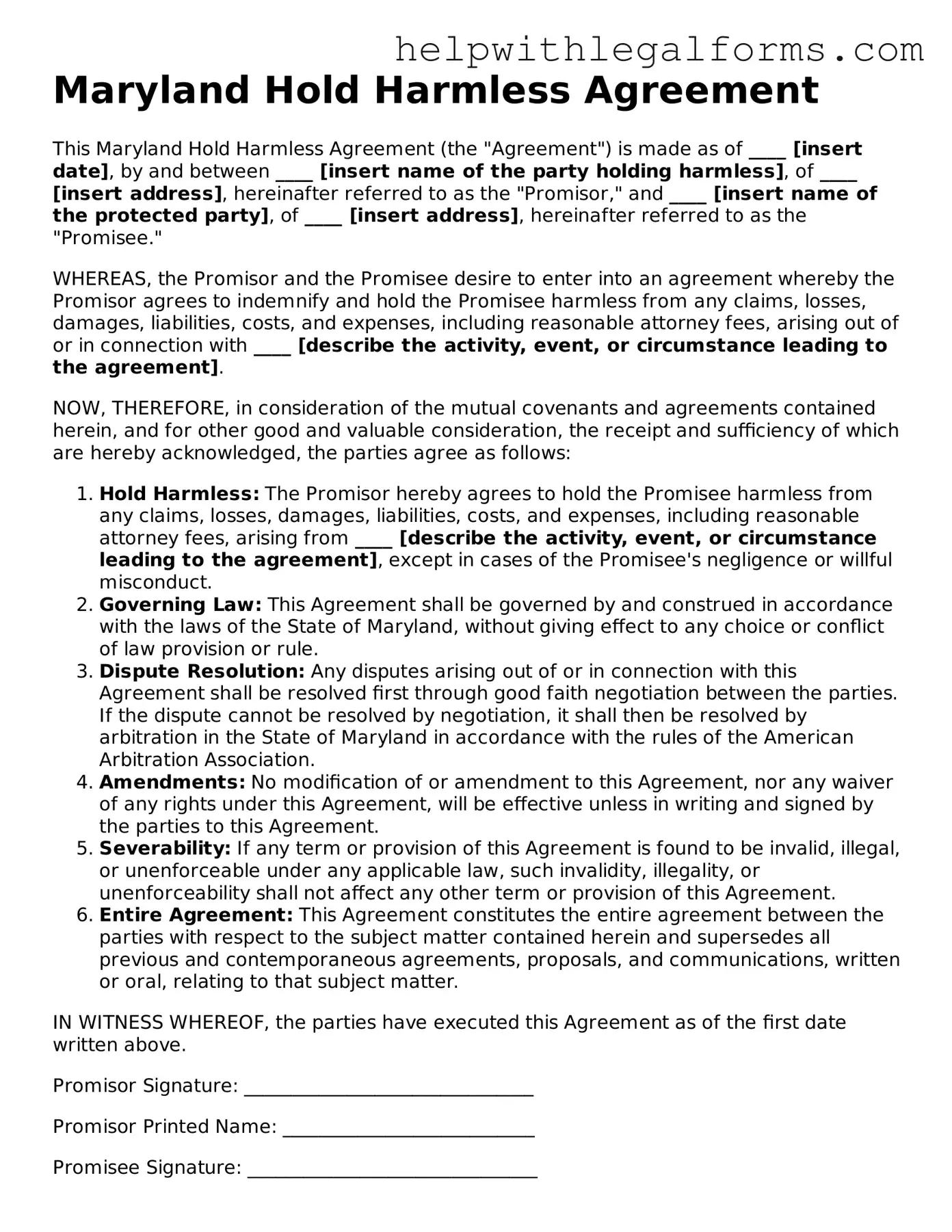 Blank  Hold Harmless Agreement Form for Maryland
