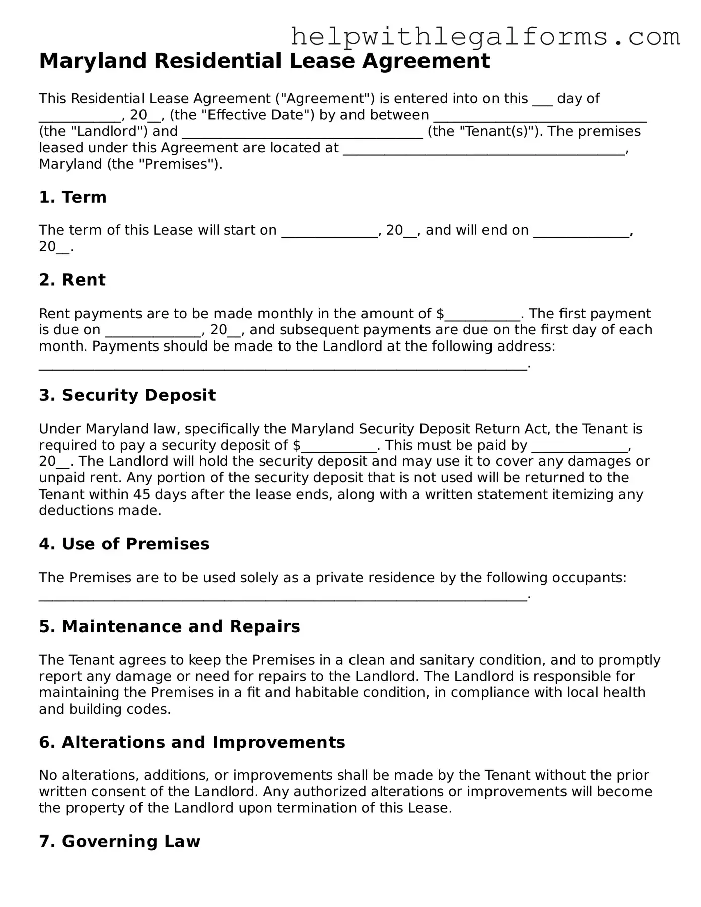 Blank  Residential Lease Agreement Form for Maryland