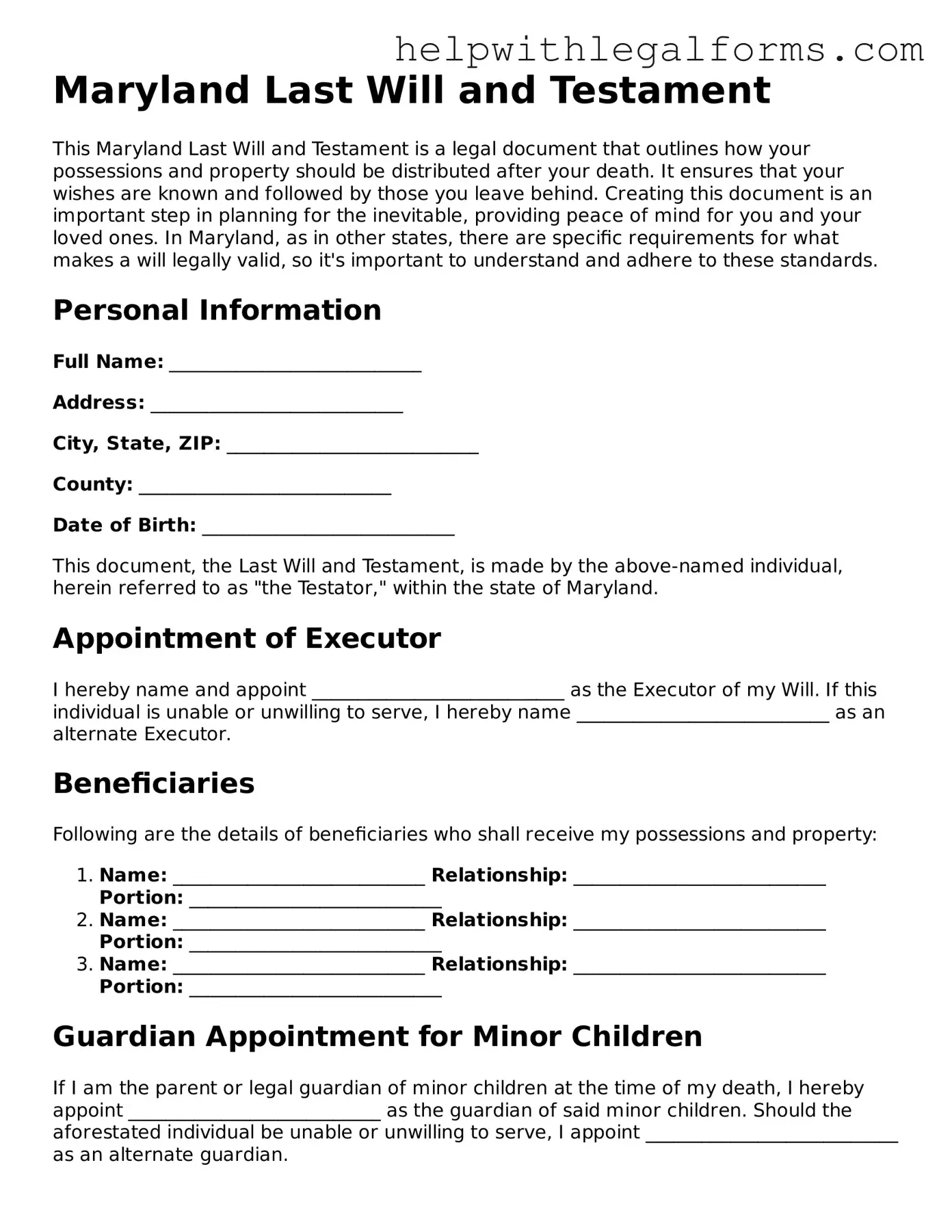 Blank  Last Will and Testament Form for Maryland