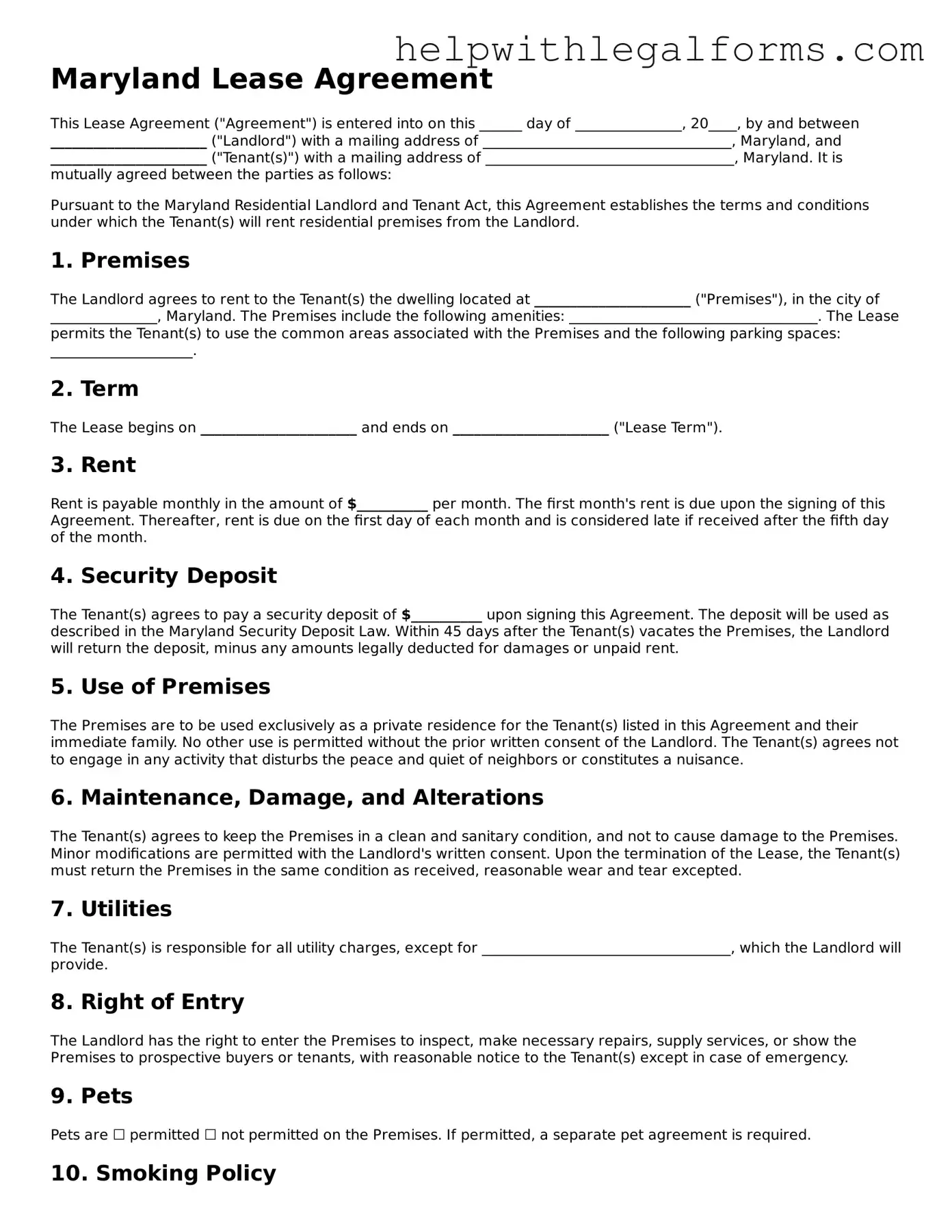 Blank  Lease Agreement Form for Maryland