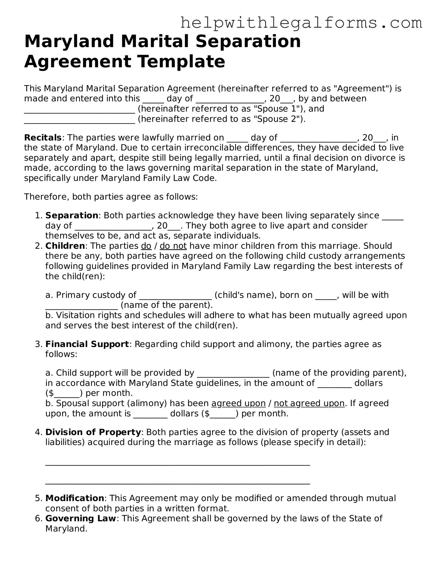 Blank  Marital Separation Agreement Form for Maryland