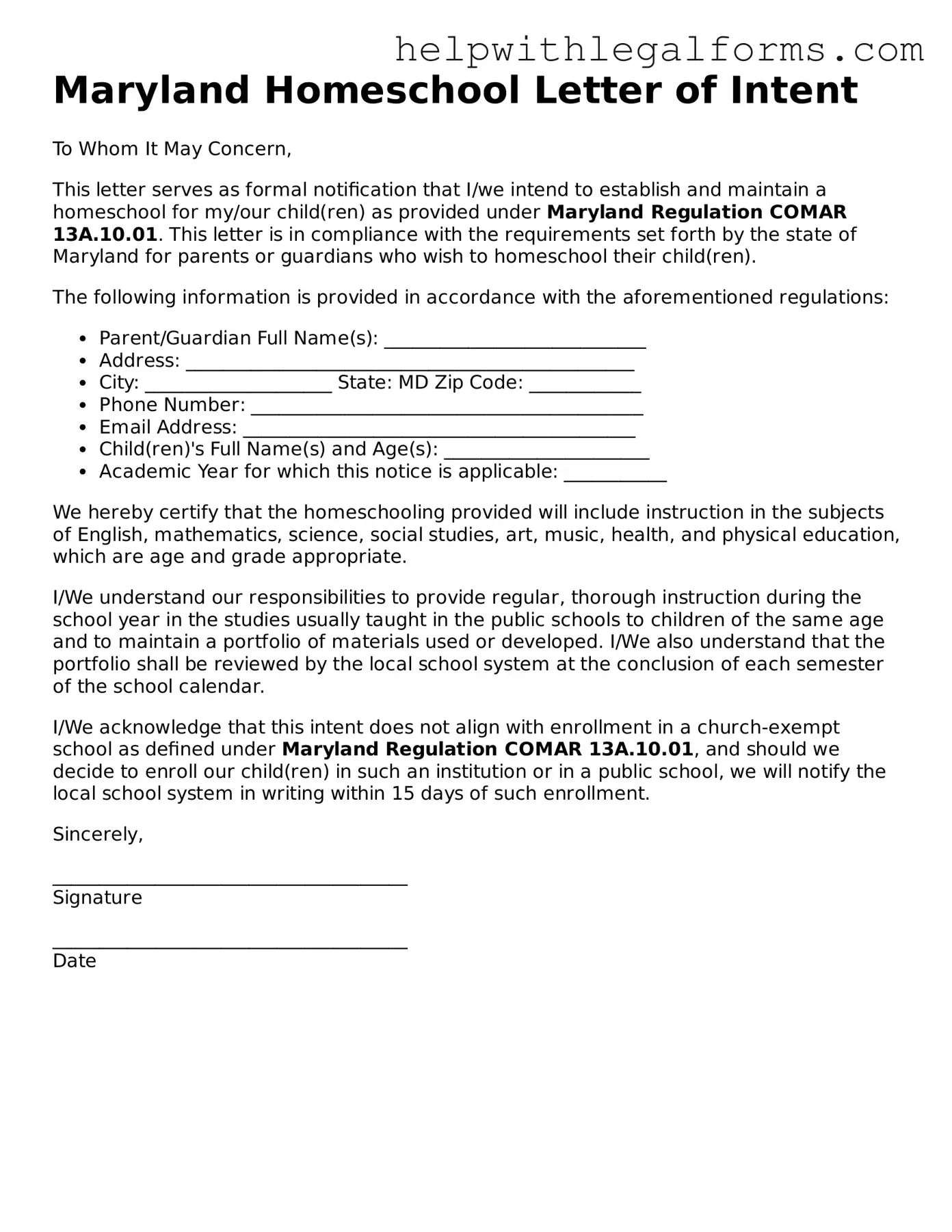 Blank  Homeschool Letter of Intent Form for Maryland