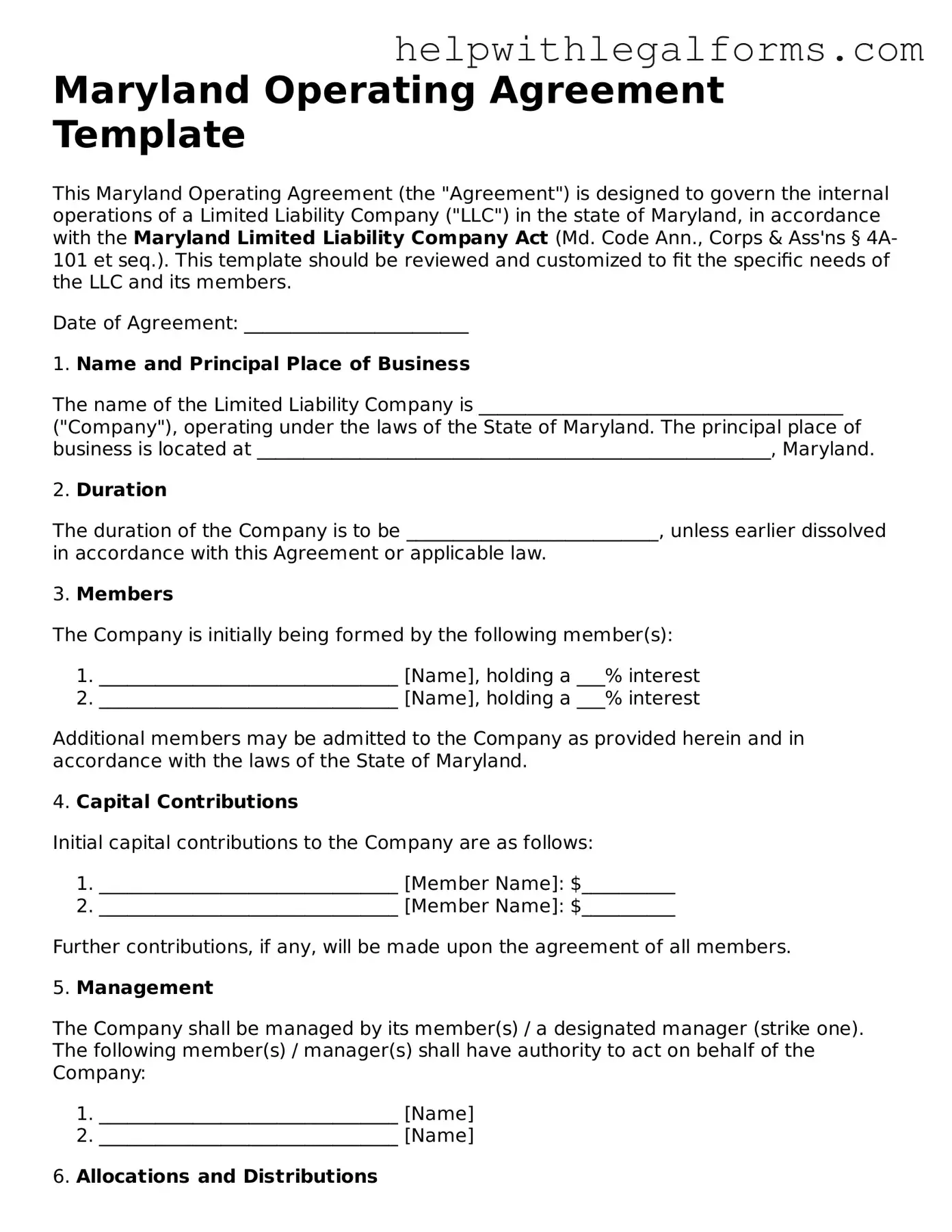 Blank  Operating Agreement Form for Maryland