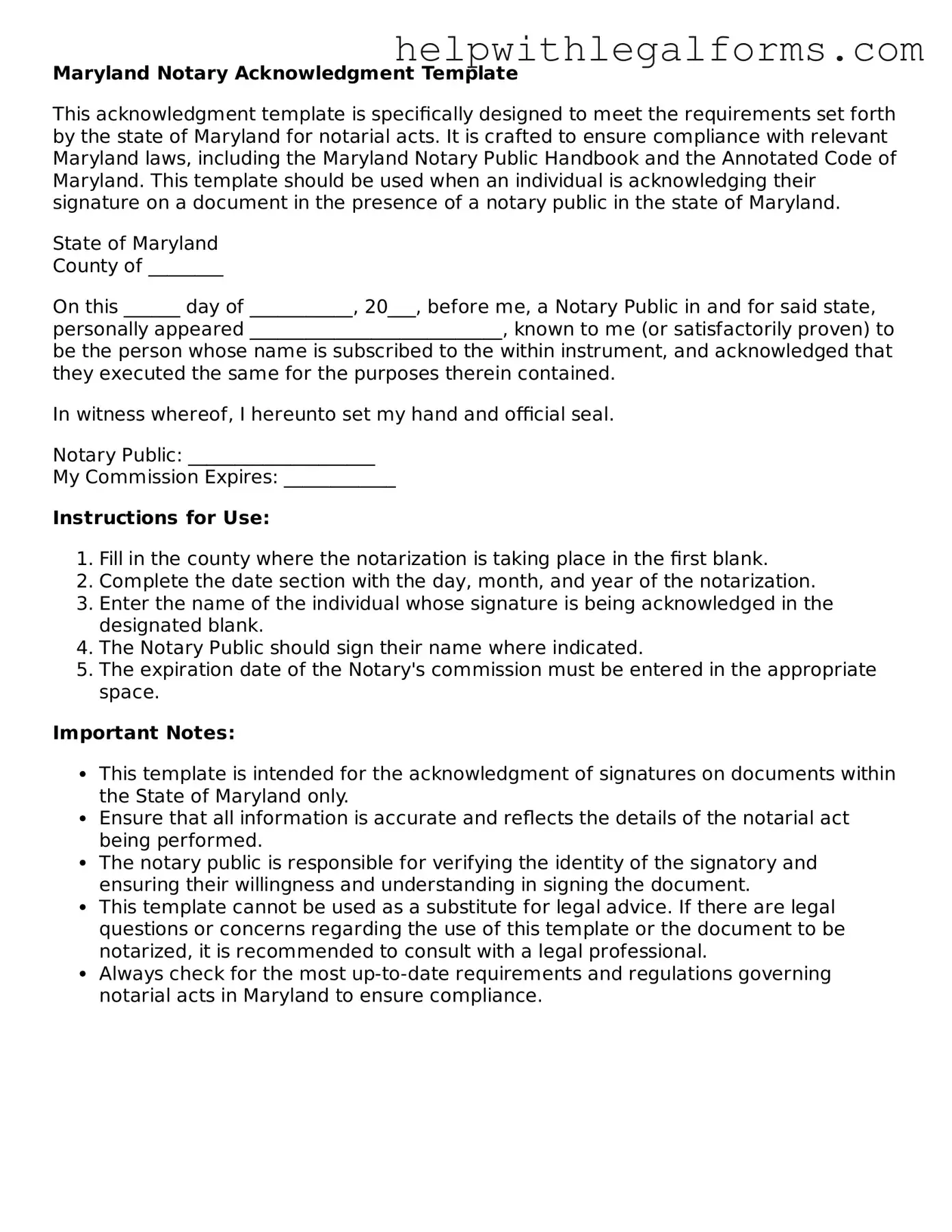 Blank  Notary Acknowledgement Form for Maryland