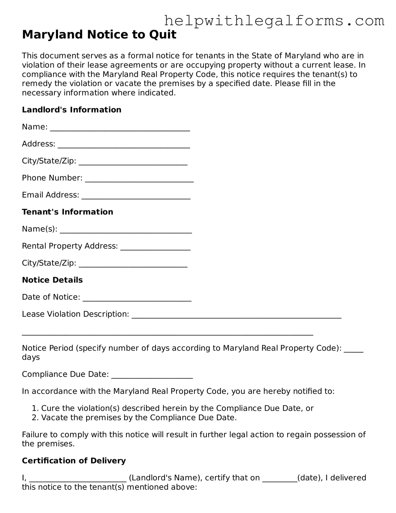 Blank  Notice to Quit Form for Maryland