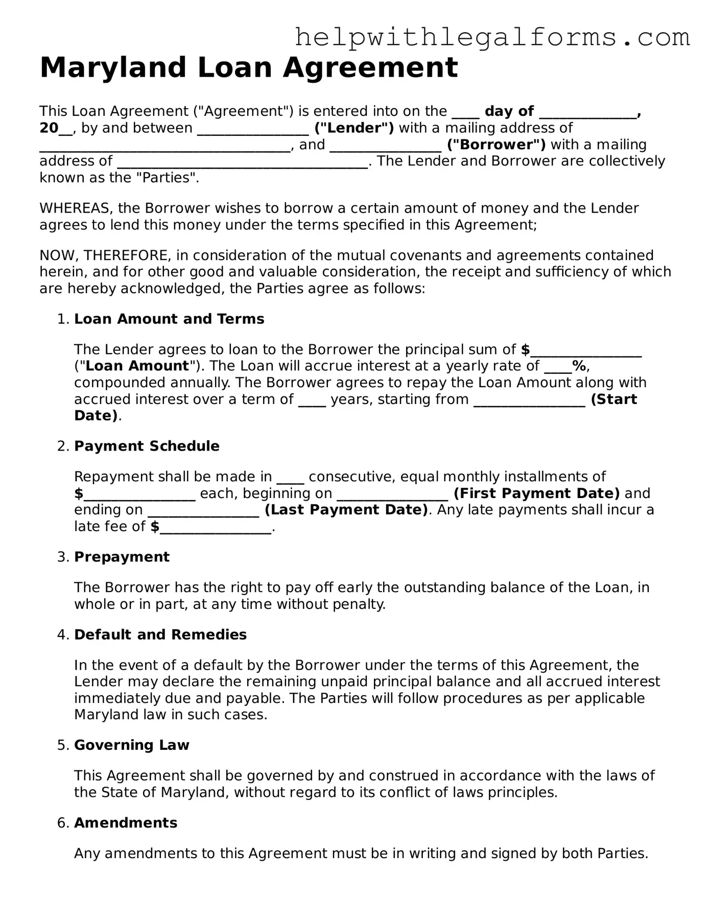 Blank  Loan Agreement Form for Maryland