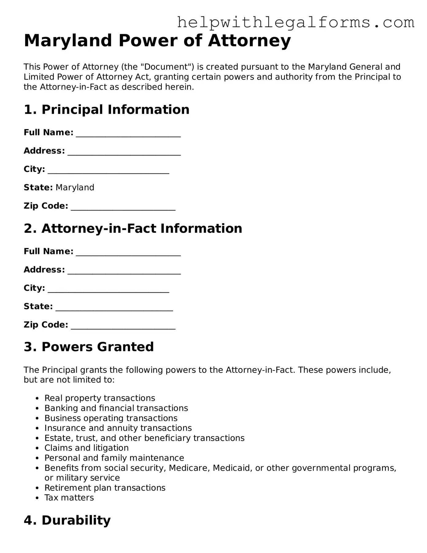 Blank  Power of Attorney Form for Maryland