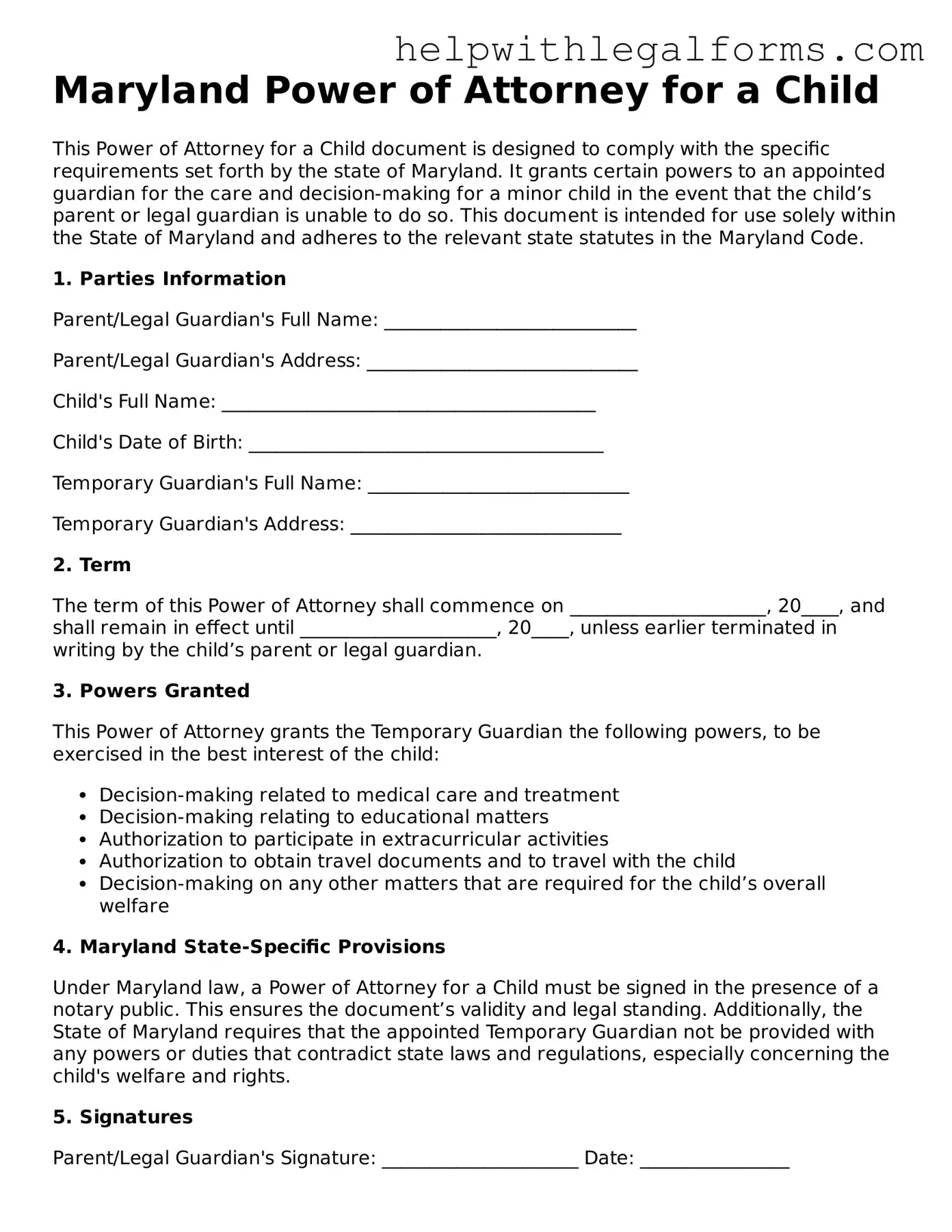 Blank  Power of Attorney for a Child Form for Maryland