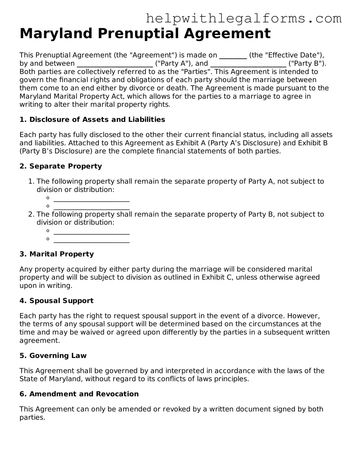 Blank  Prenuptial Agreement Form for Maryland