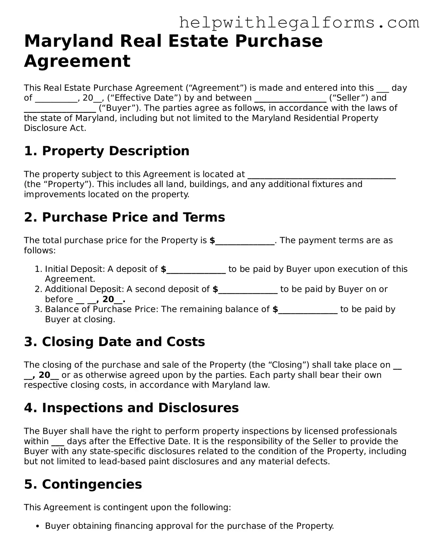 Blank  Real Estate Purchase Agreement Form for Maryland