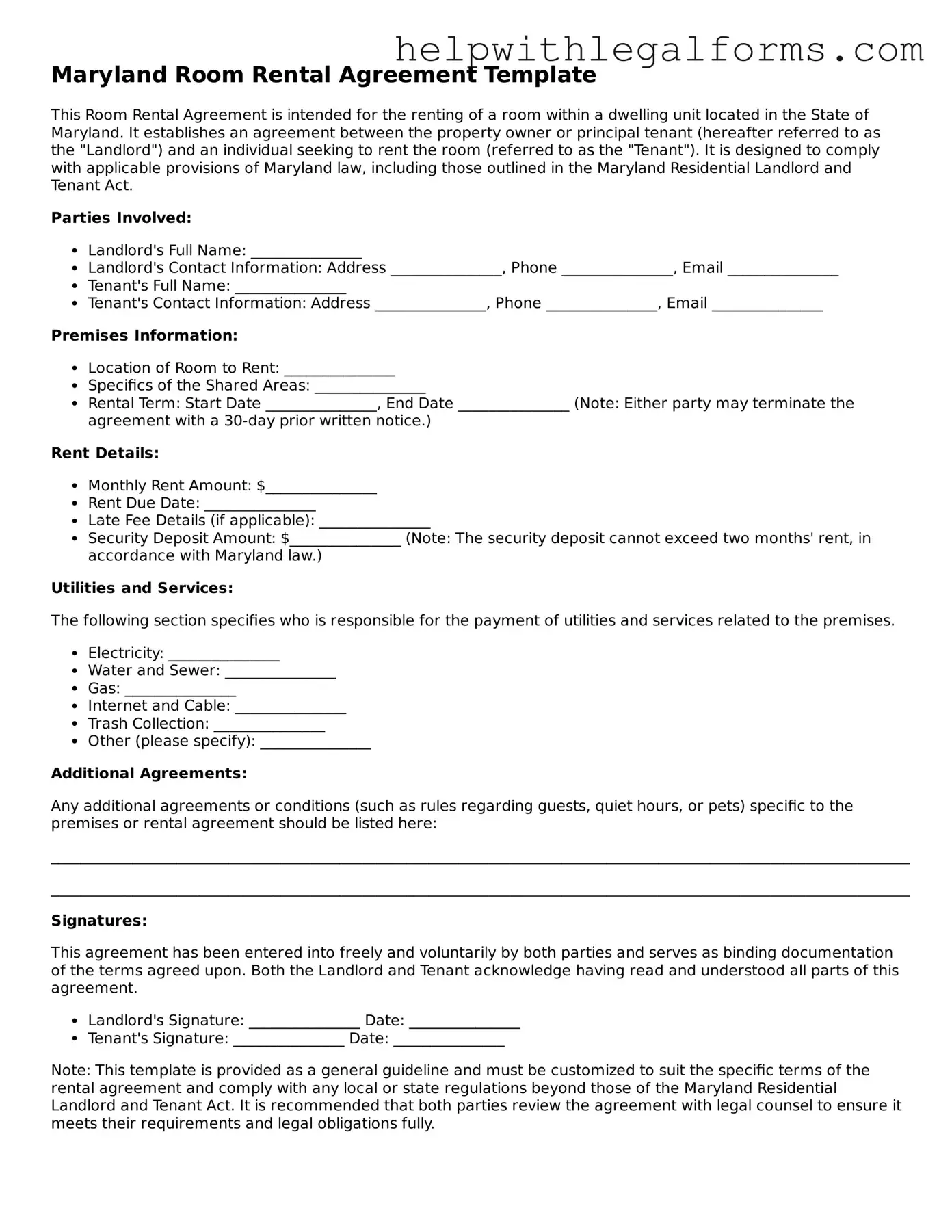 Blank  Room Rental Agreement Form for Maryland