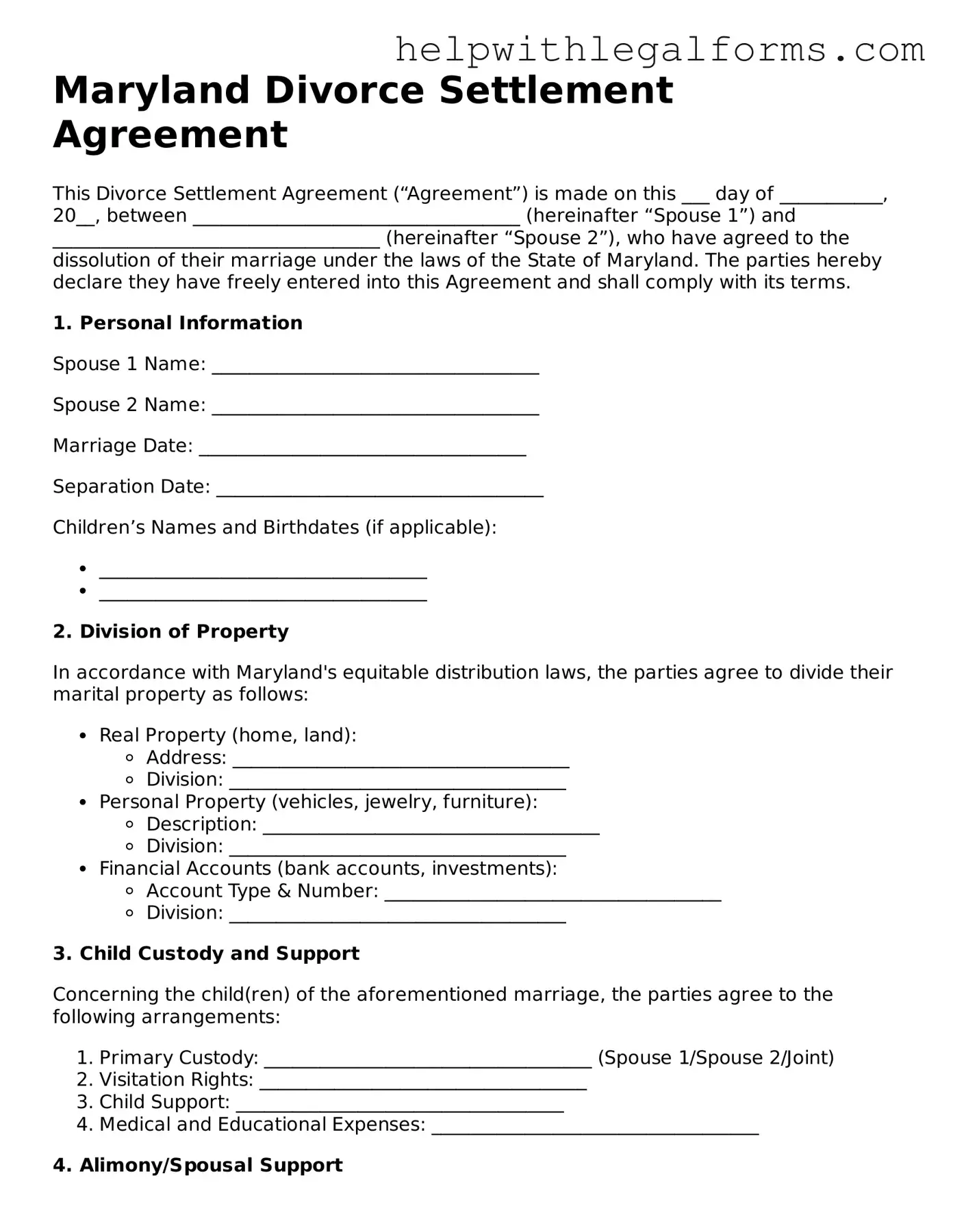 Blank  Divorce Settlement Agreement Form for Maryland