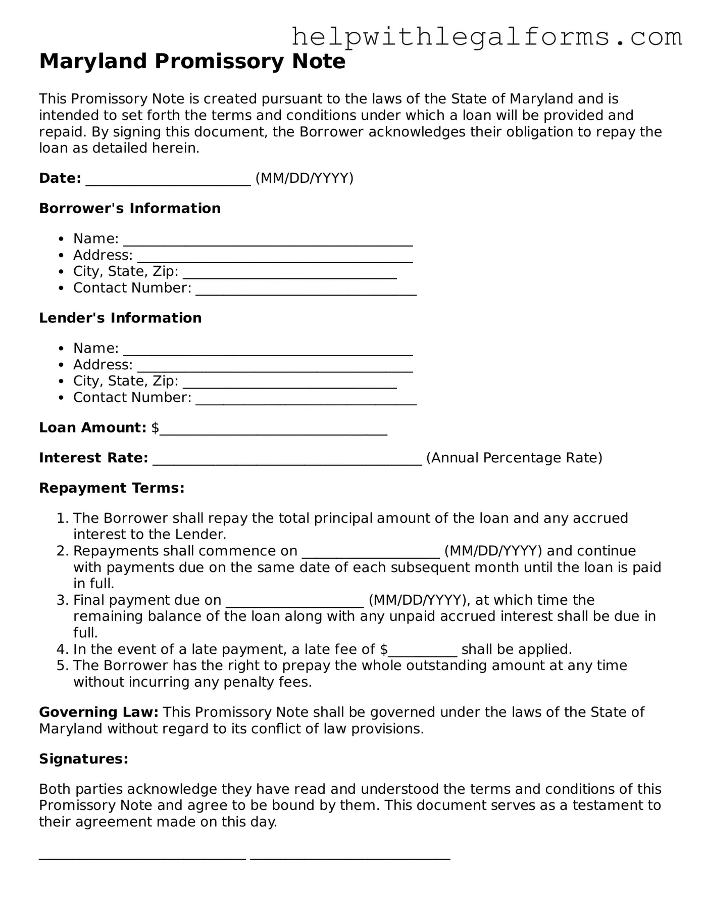 Blank  Promissory Note Form for Maryland
