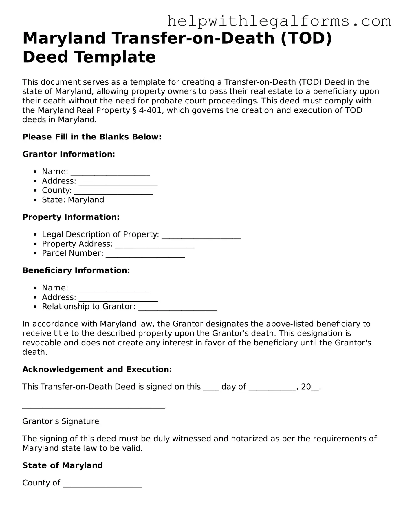 Blank  Transfer-on-Death Deed Form for Maryland