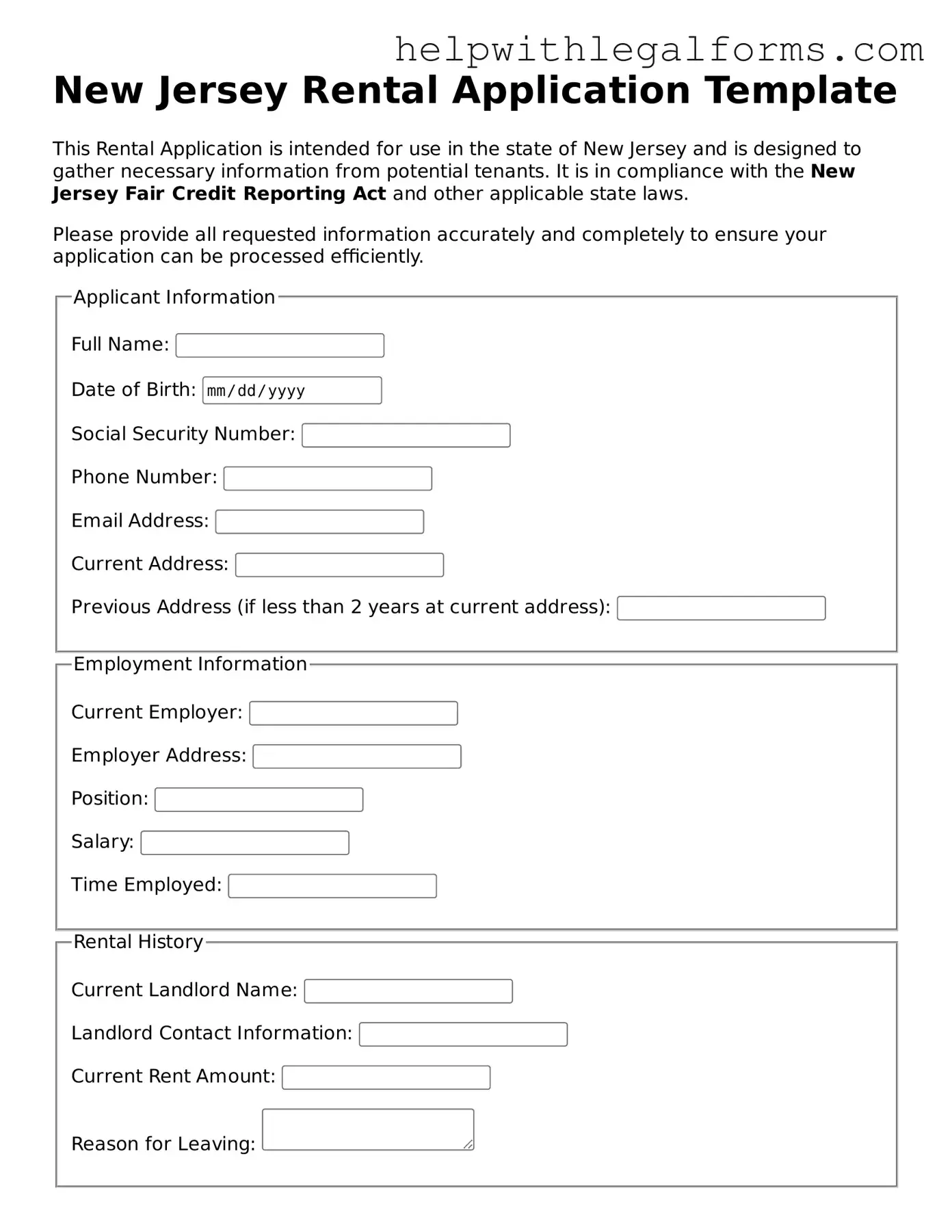 Blank  Rental Application Form for New Jersey