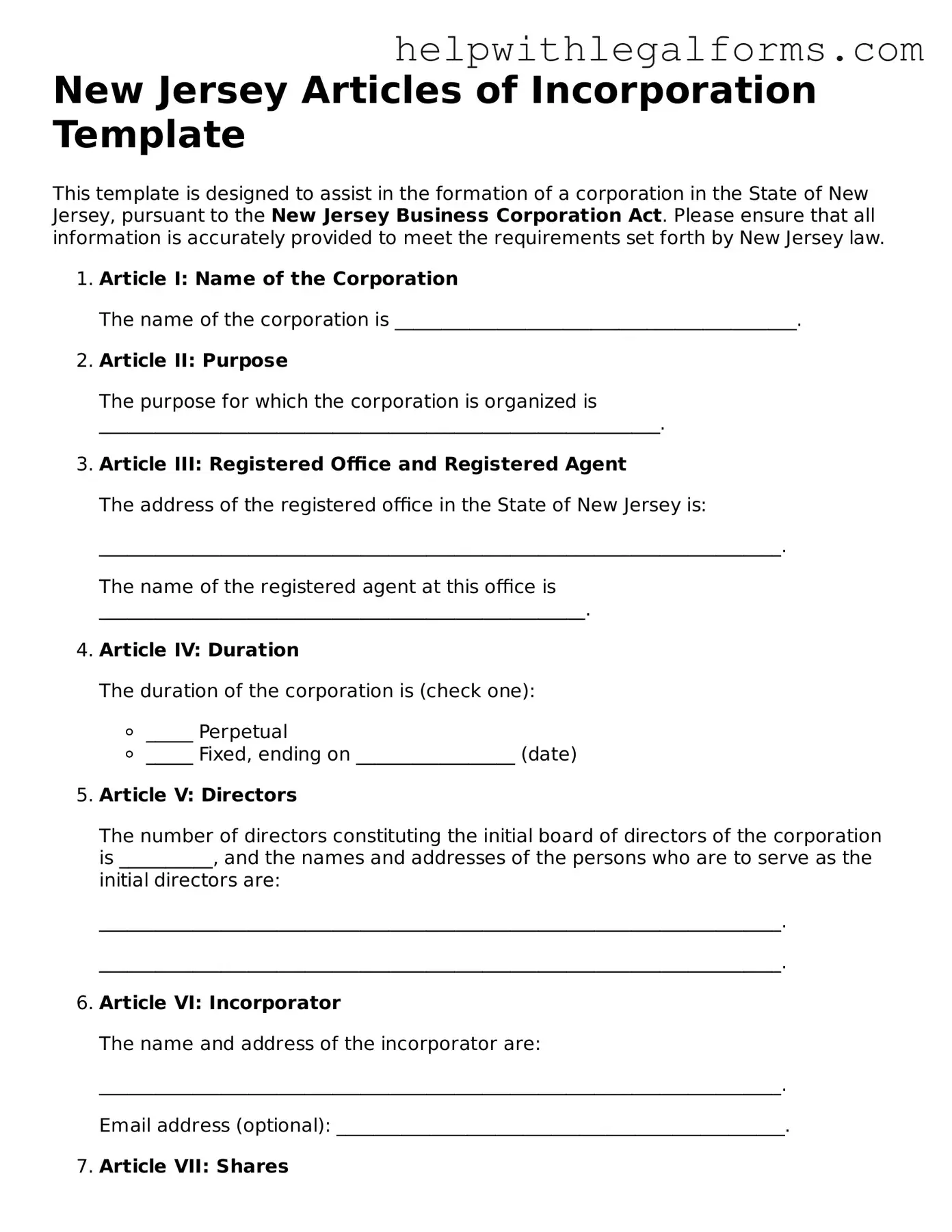 Blank  Articles of Incorporation Form for New Jersey