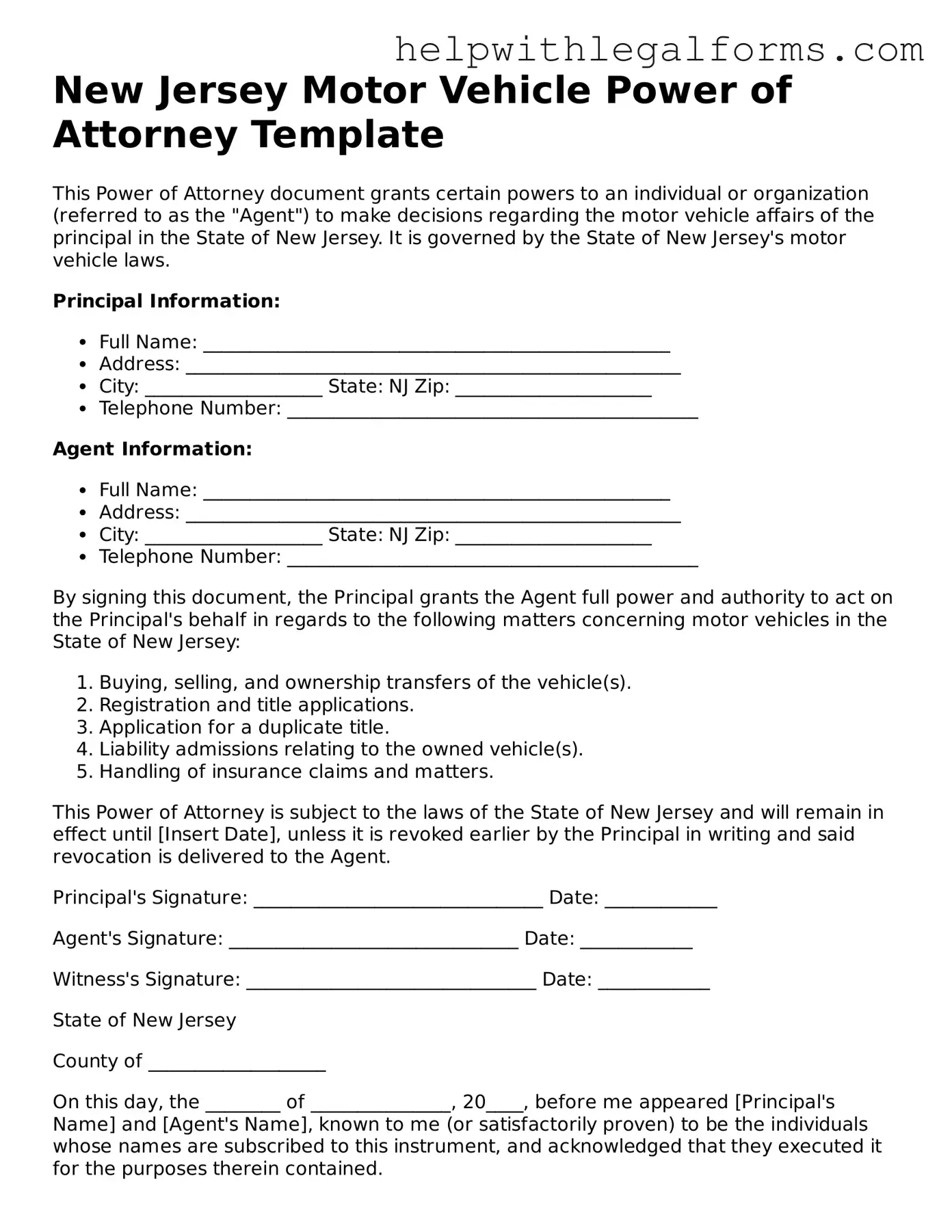 Blank  Motor Vehicle Power of Attorney Form for New Jersey