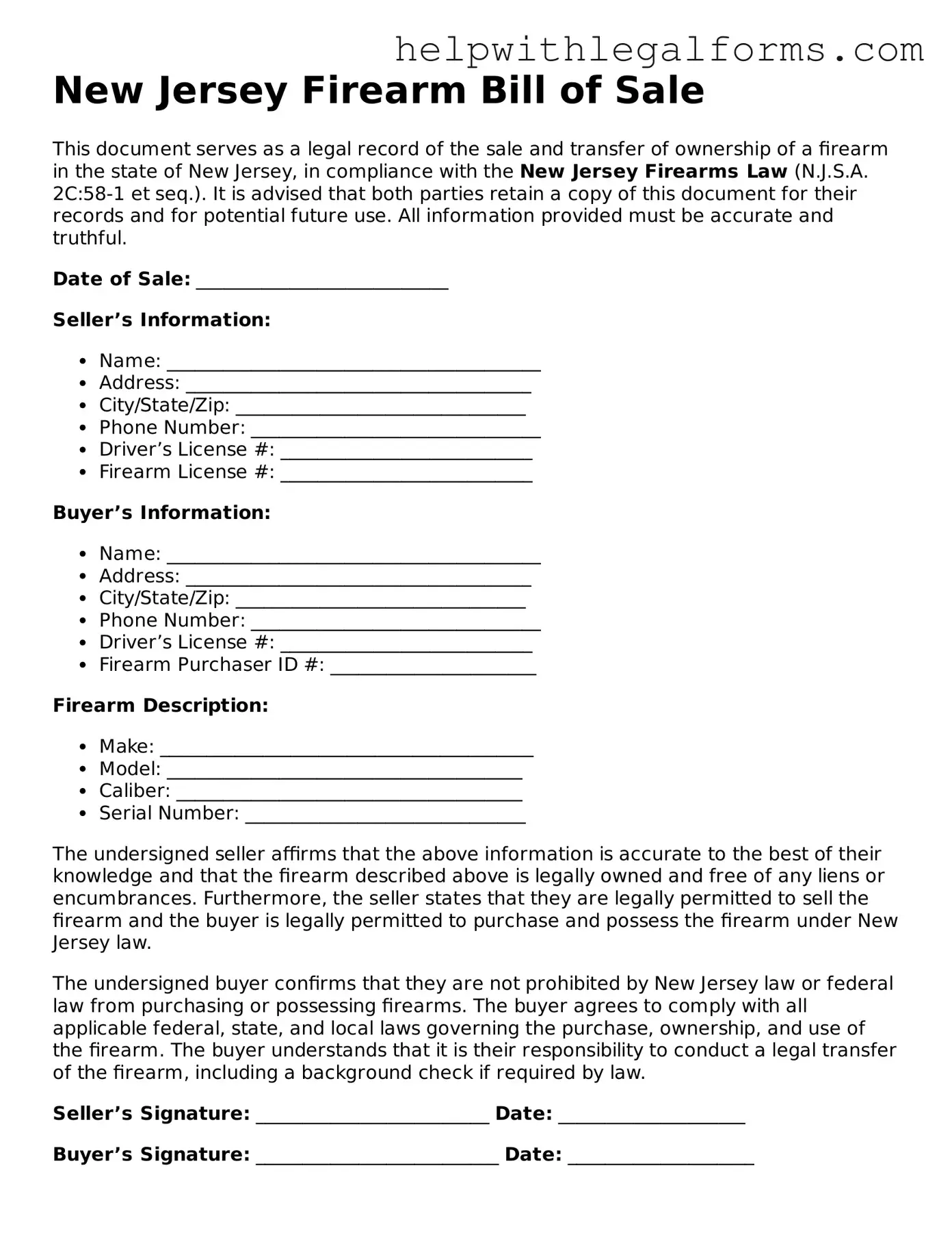 Blank  Firearm Bill of Sale Form for New Jersey